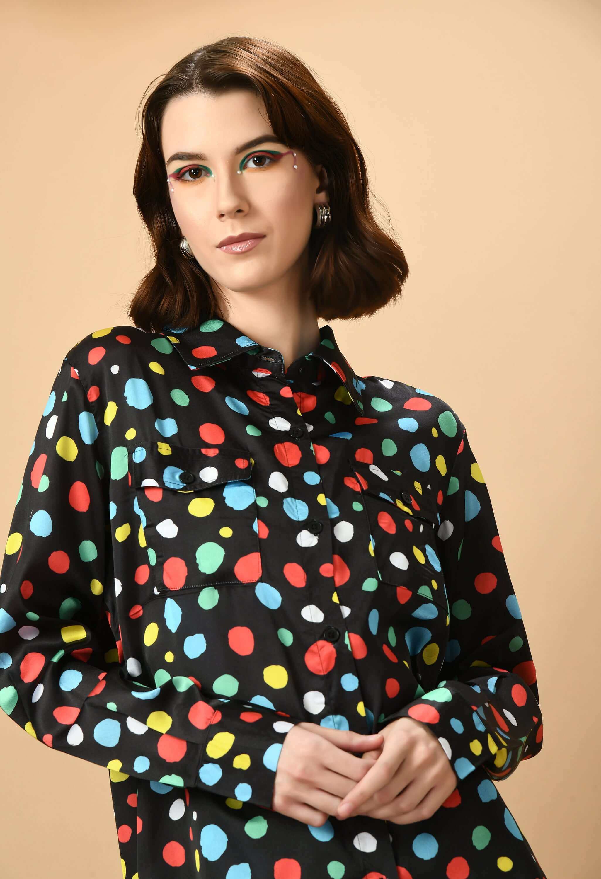Multicolor polka dot black co-ord set