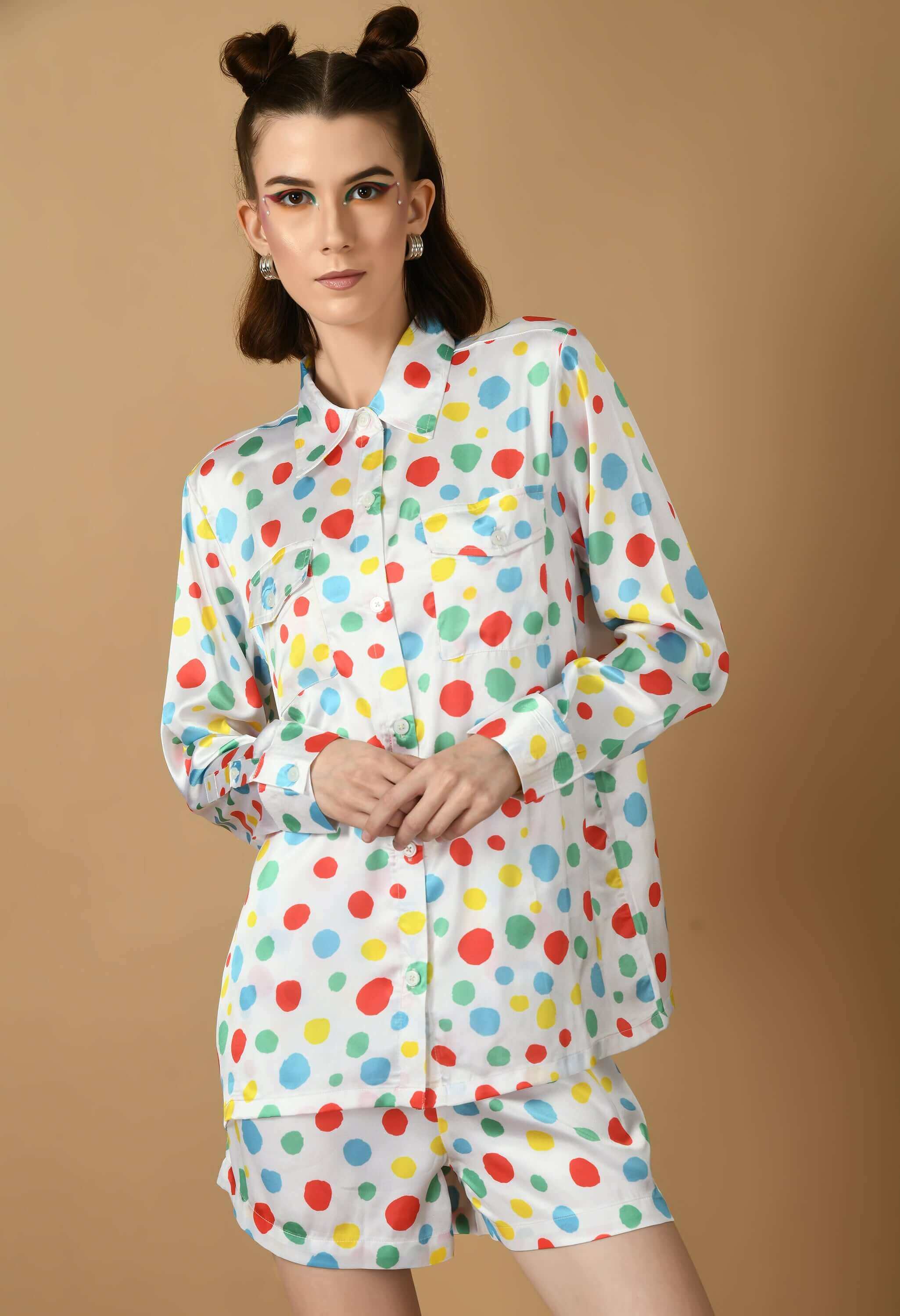 Multicolor polka dots white color co-ord set