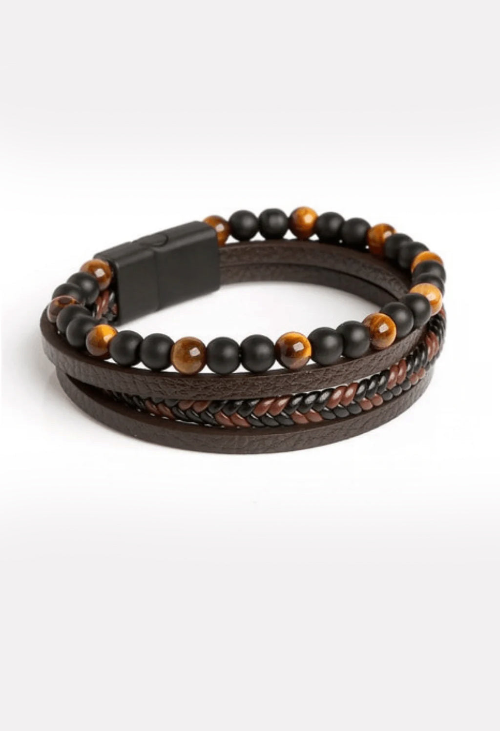 Multilayer Leather Bracelet with Tiger Eye And Lava Natural Beads For Men By Offmint