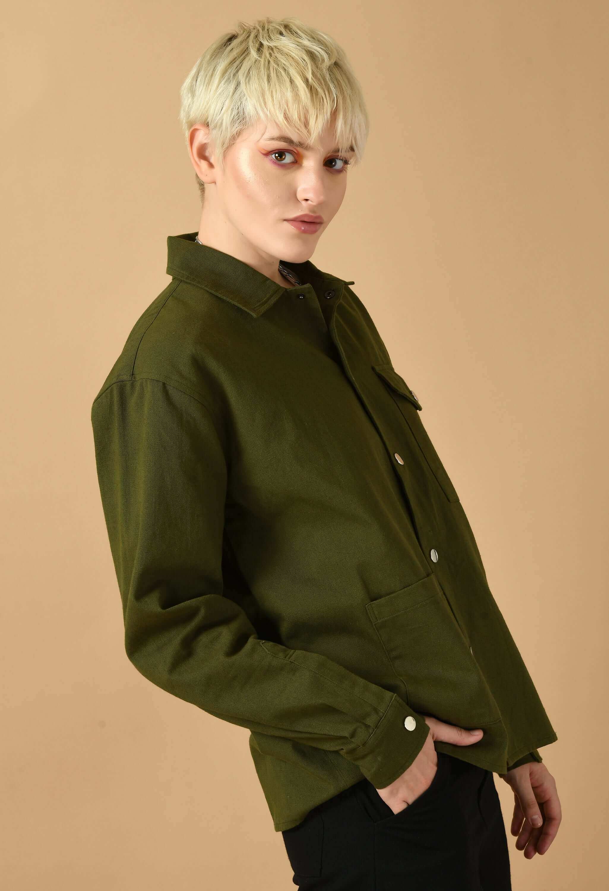 Olive green color women's overshirt by offmint