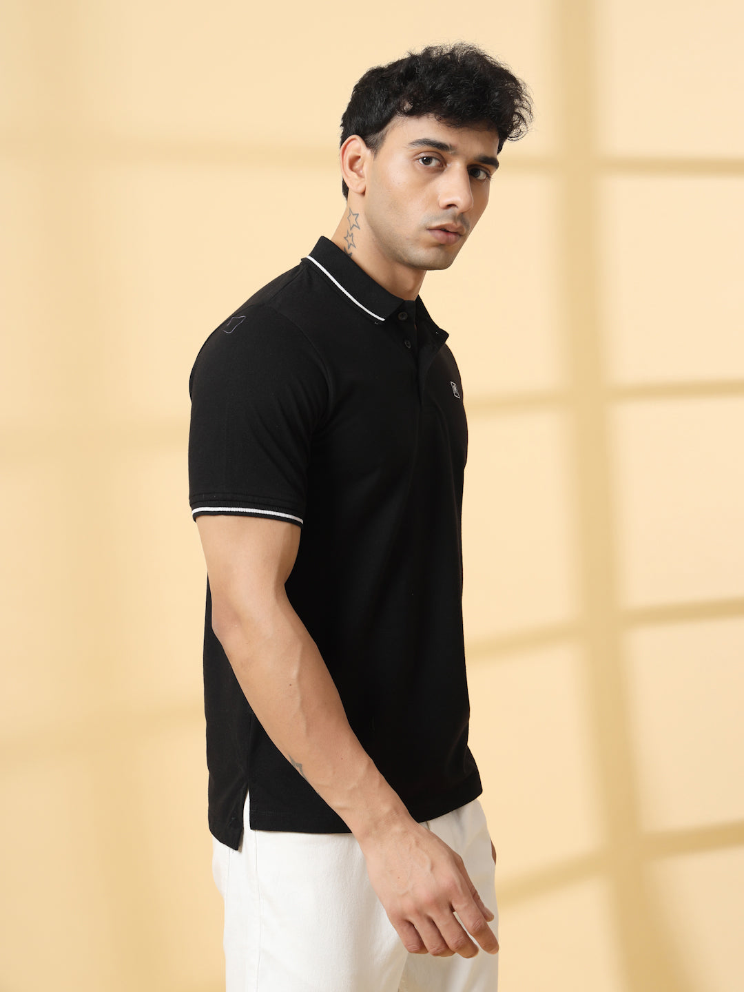 Men Solid Polo Neck Cotton Black T-Shirt