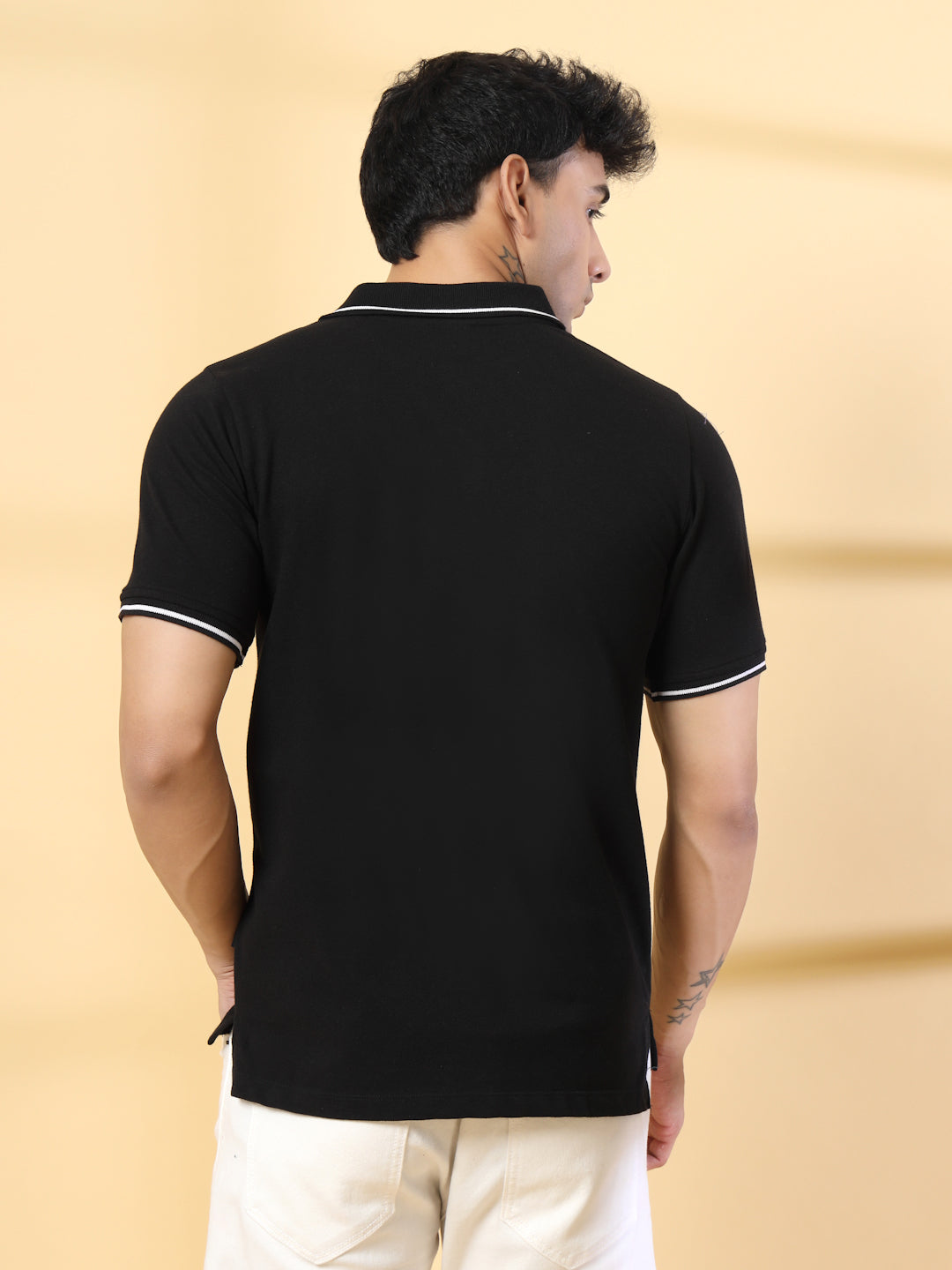Men Solid Polo Neck Cotton Black T-Shirt