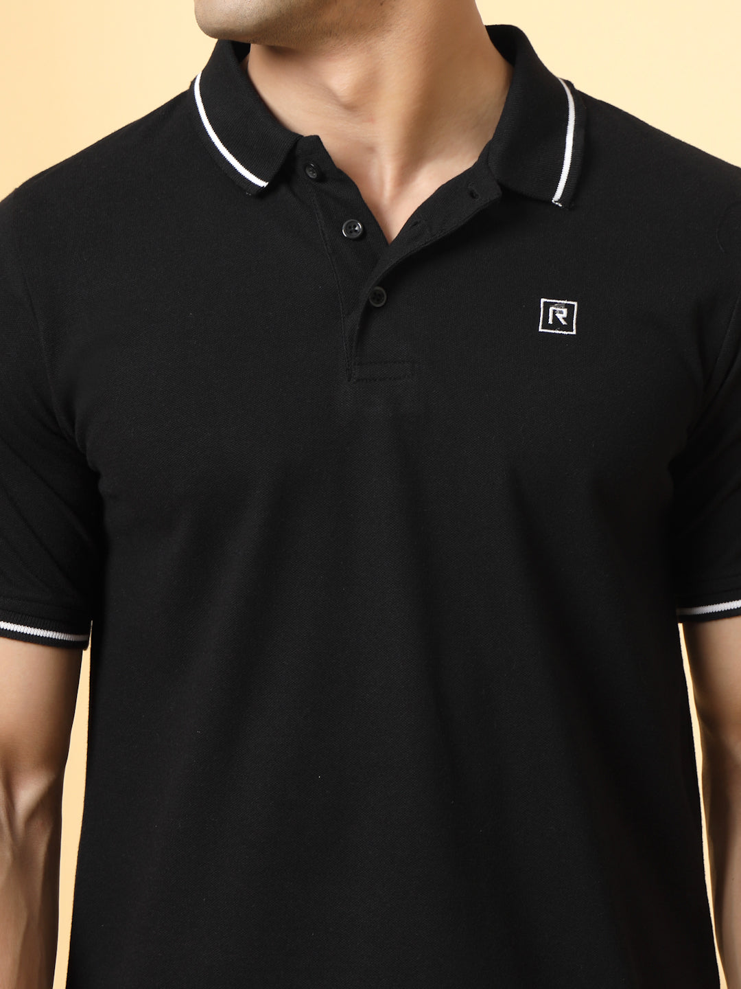 Men Solid Polo Neck Cotton Black T-Shirt