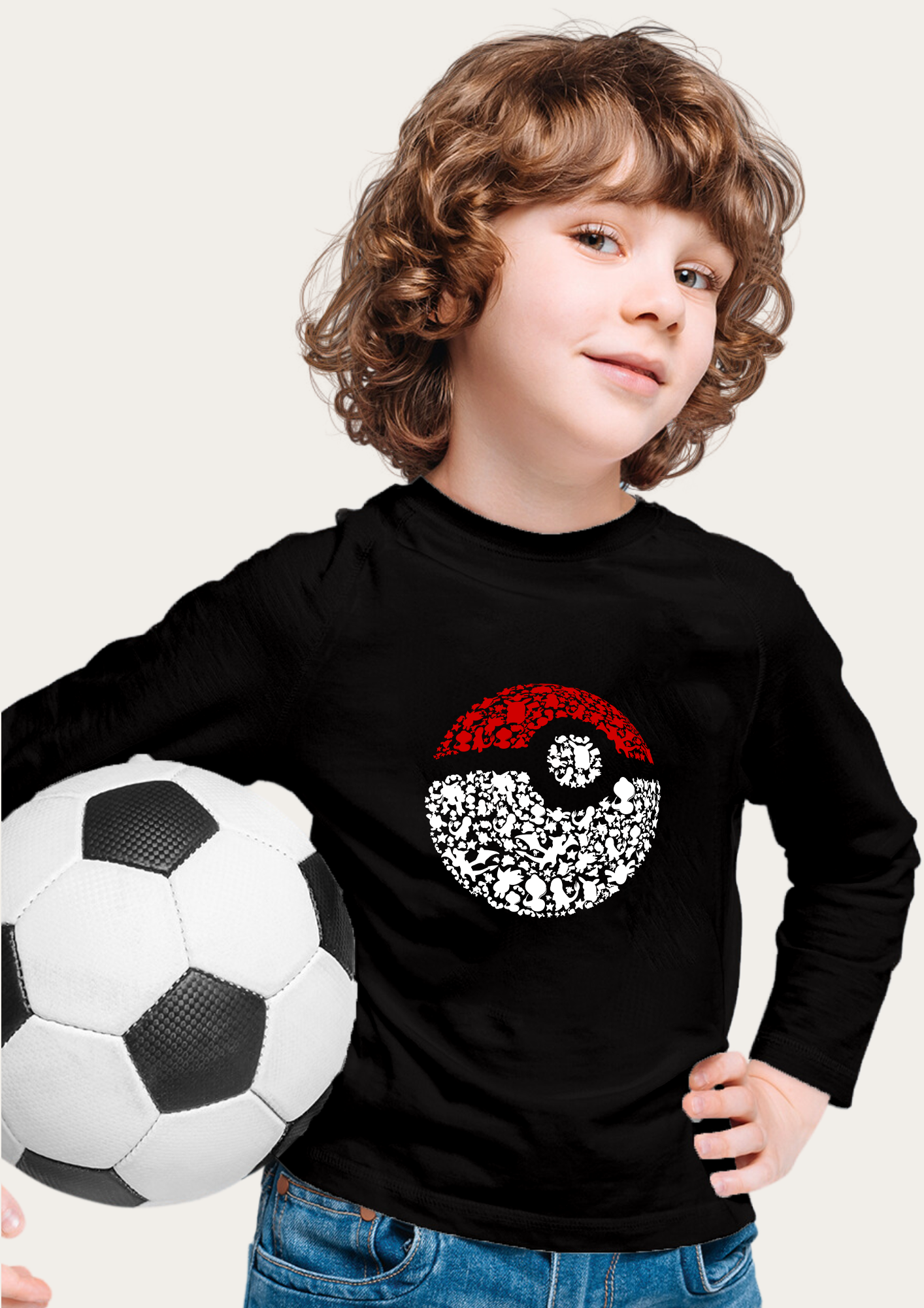 Poke ball Printed Black Full Sleeves Kids T-shirt By Offmint