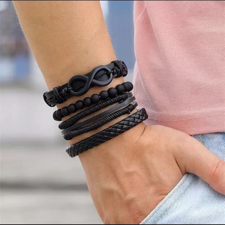 Men Obsidian Black Leather layered Bracelet By Offmint