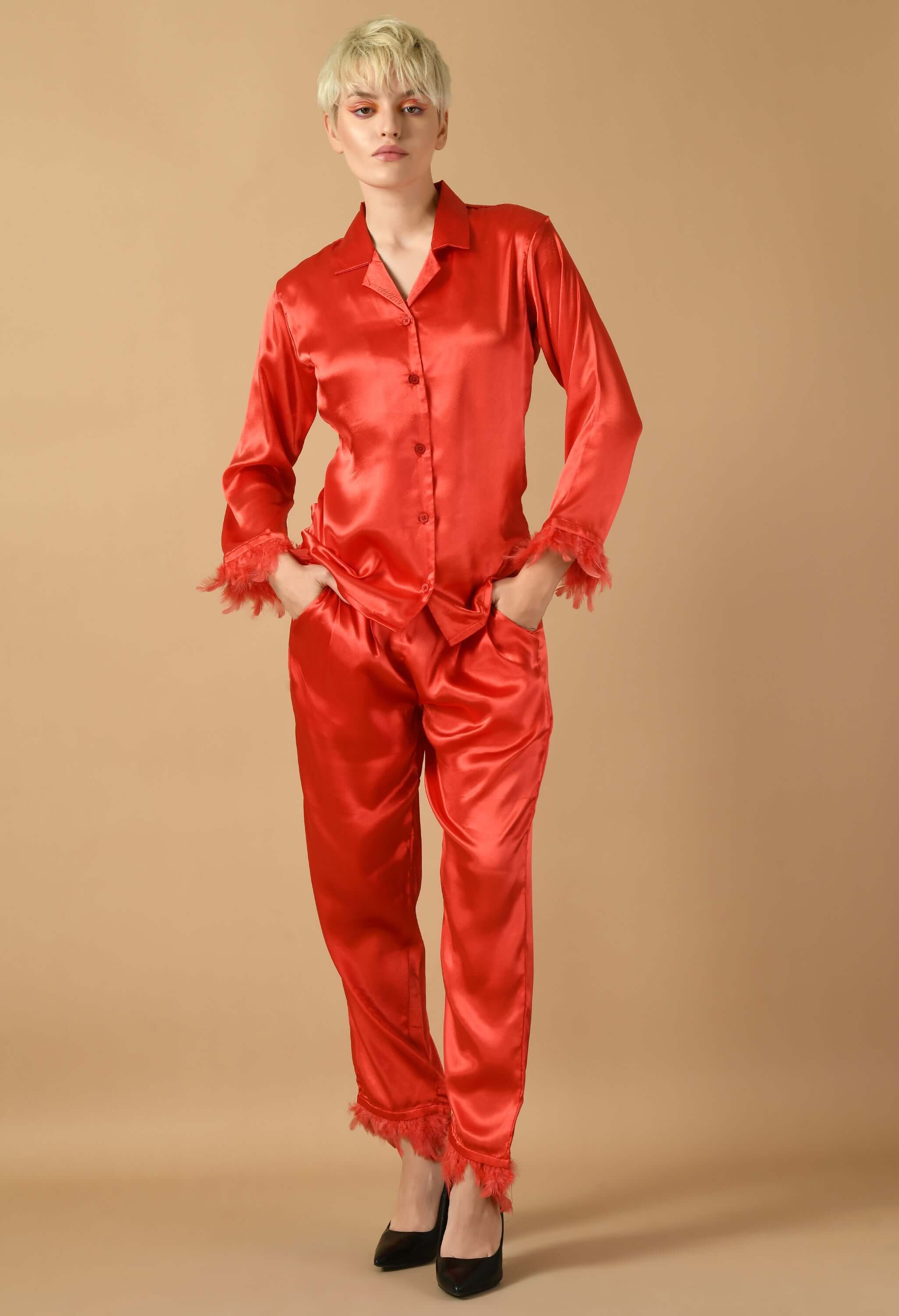 Red color satin feather women's co-ord set