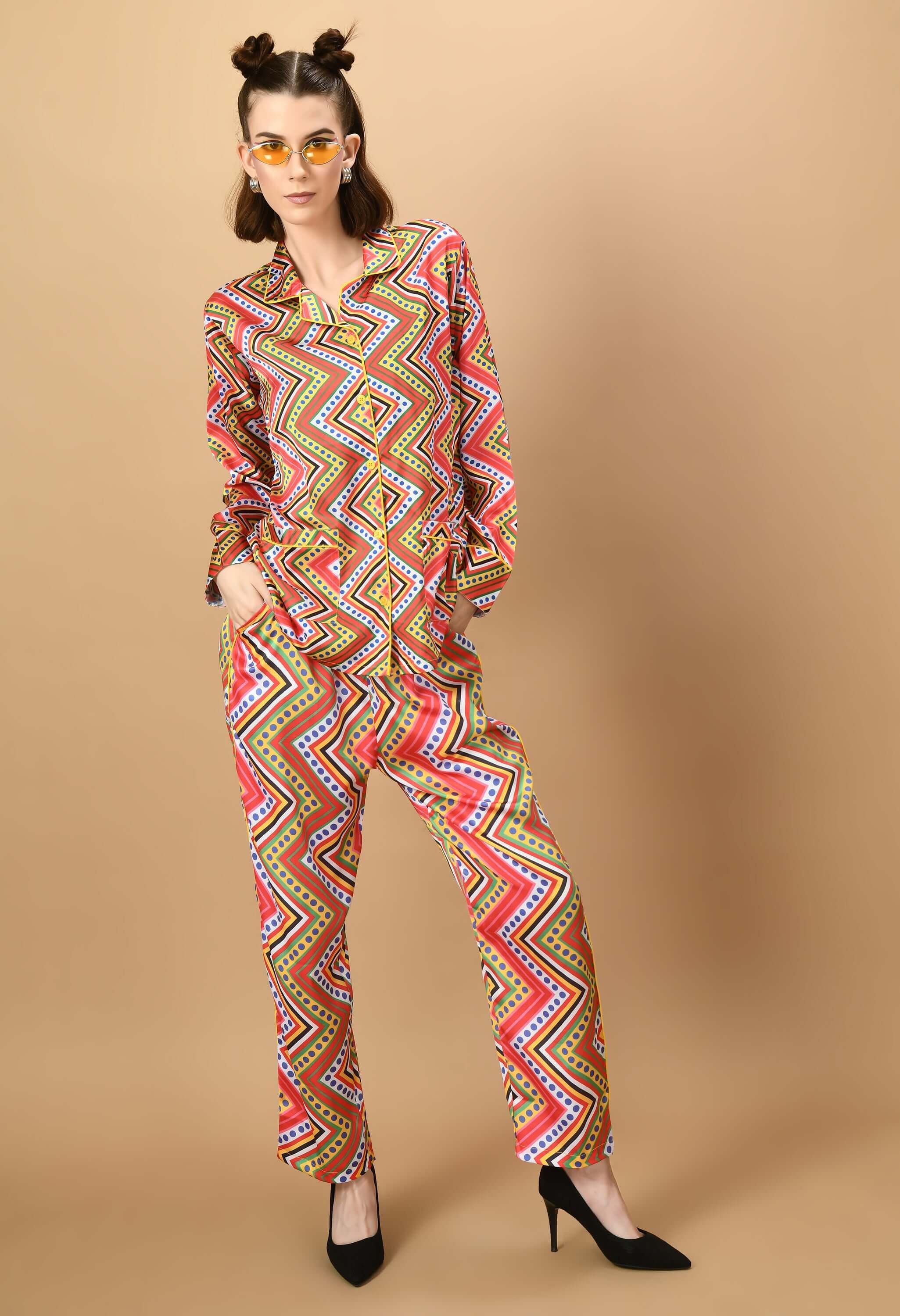 Red printed yellow lining women's co-ord set by offmint