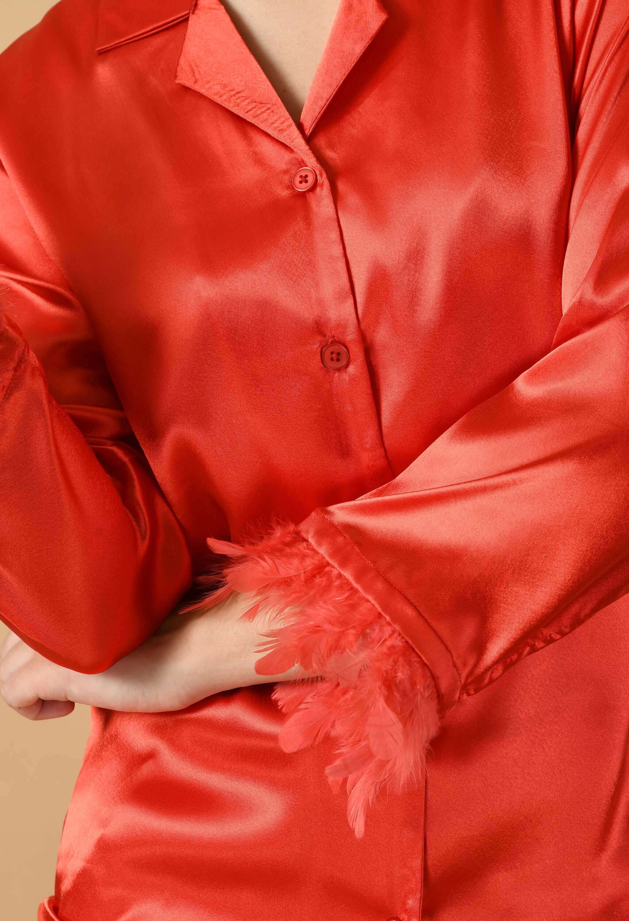 Red satin feather co-ord set