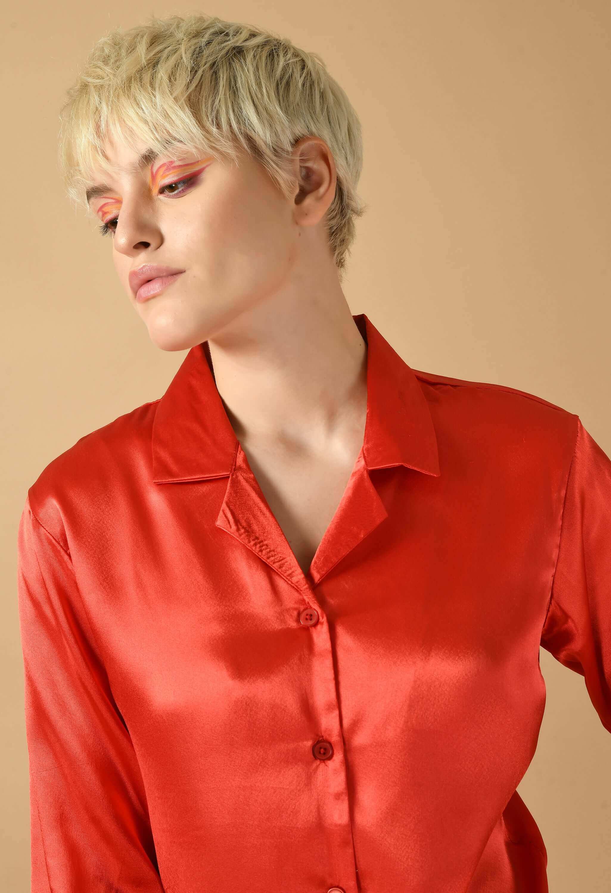 Red satin feather women's co-ord set