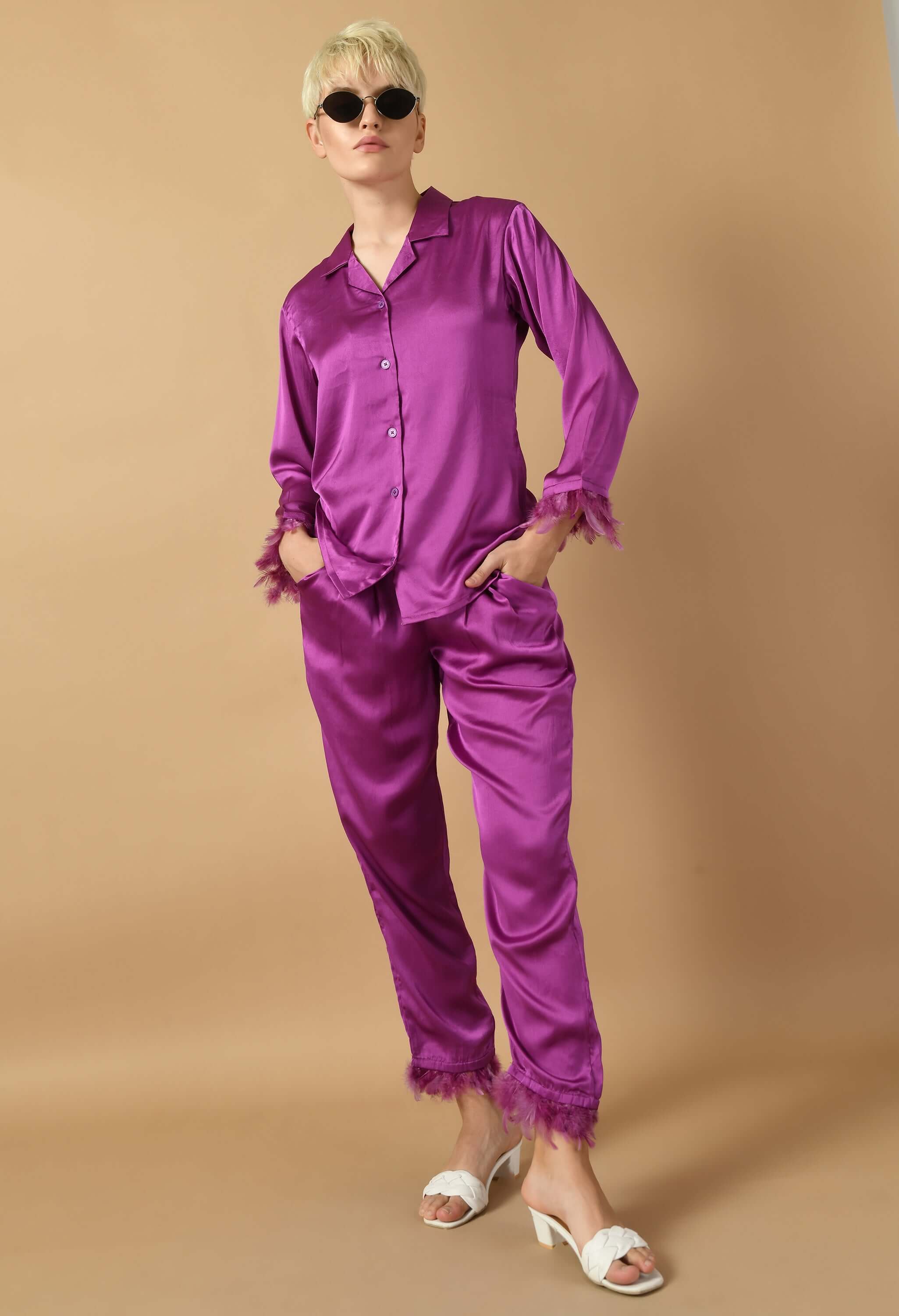 Satin feather purple color co-ord set