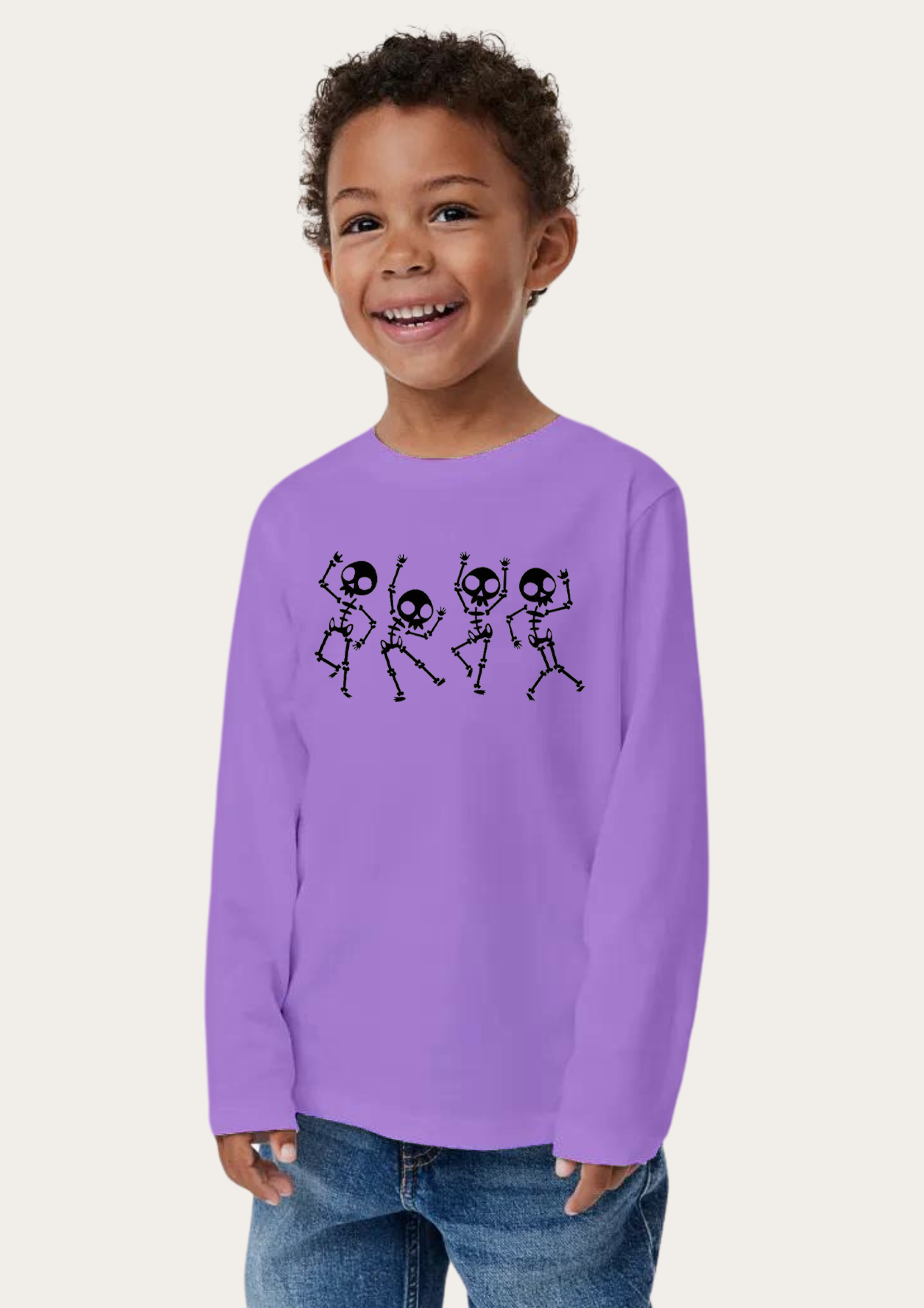 Small Skeleton Dance Printed Lavender Full Sleeves Kids T-shirt BY Offmint