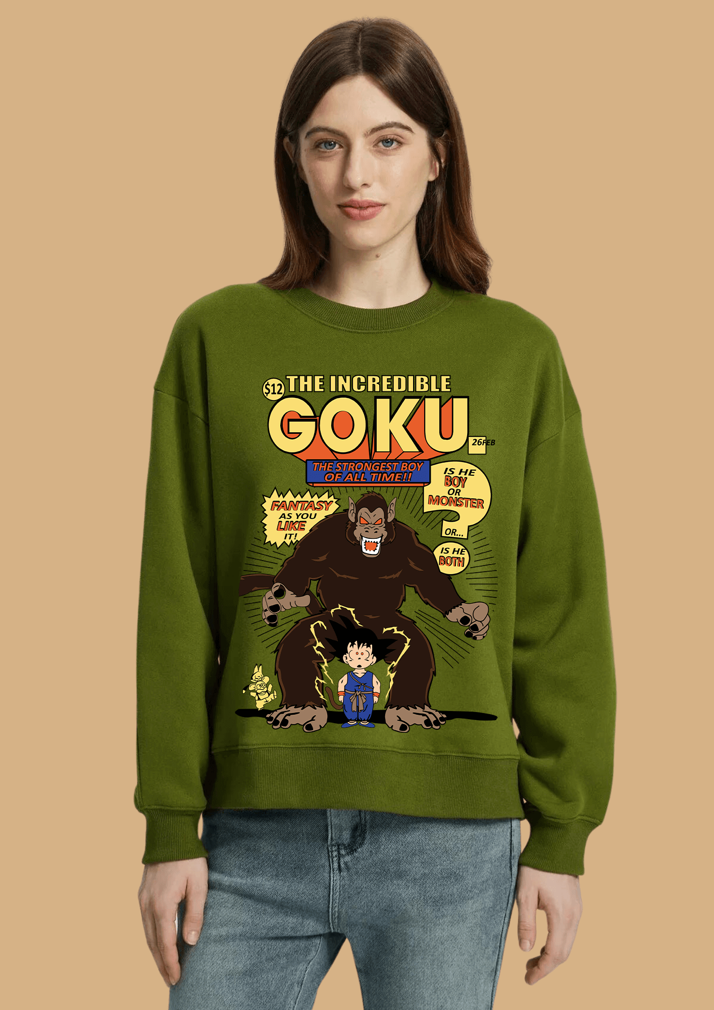 The incredible goku printed olive green sweatshirt by offmint