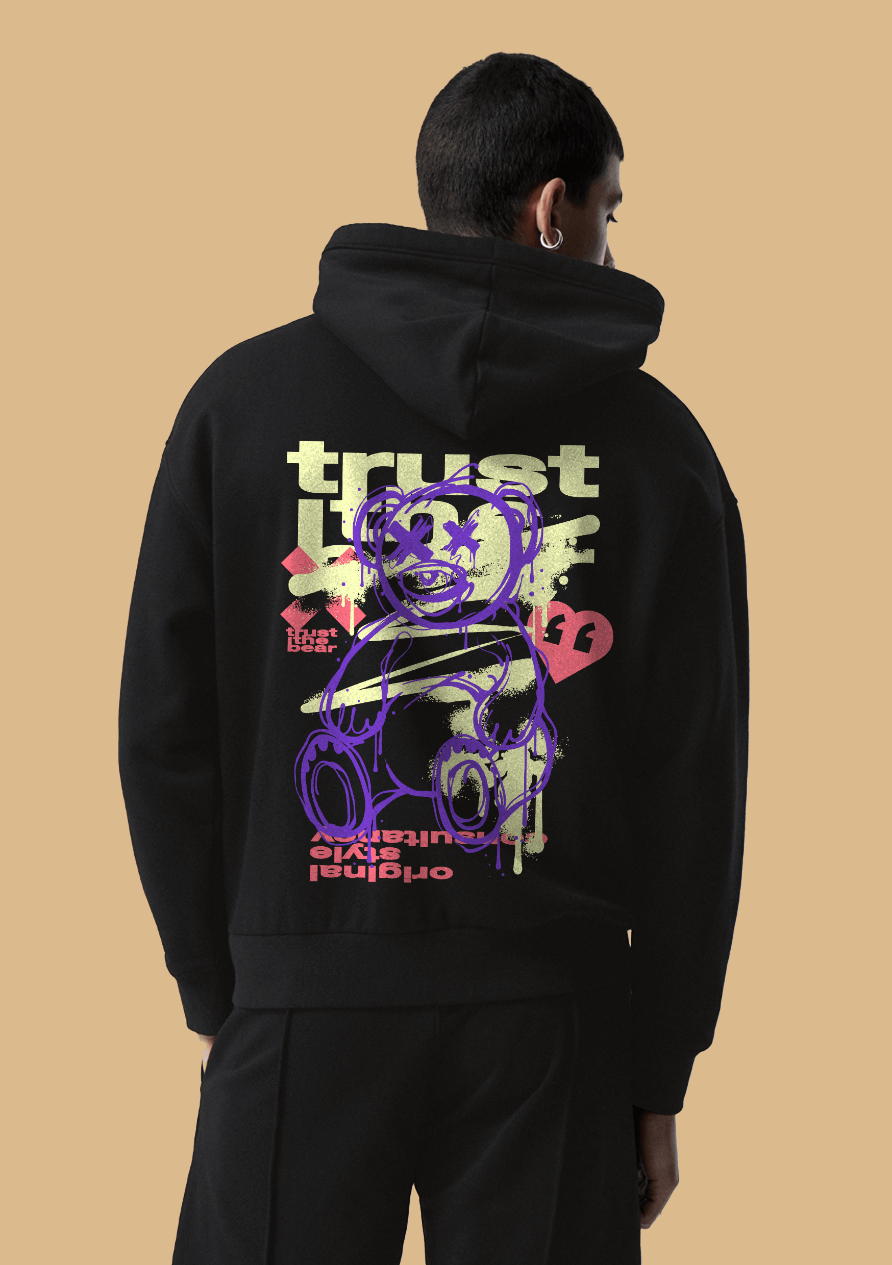 Trust bear printed black hoodie by offmint