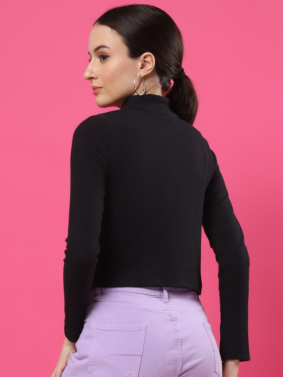 Women Textured Black Zipper Mock Neck Crop Top