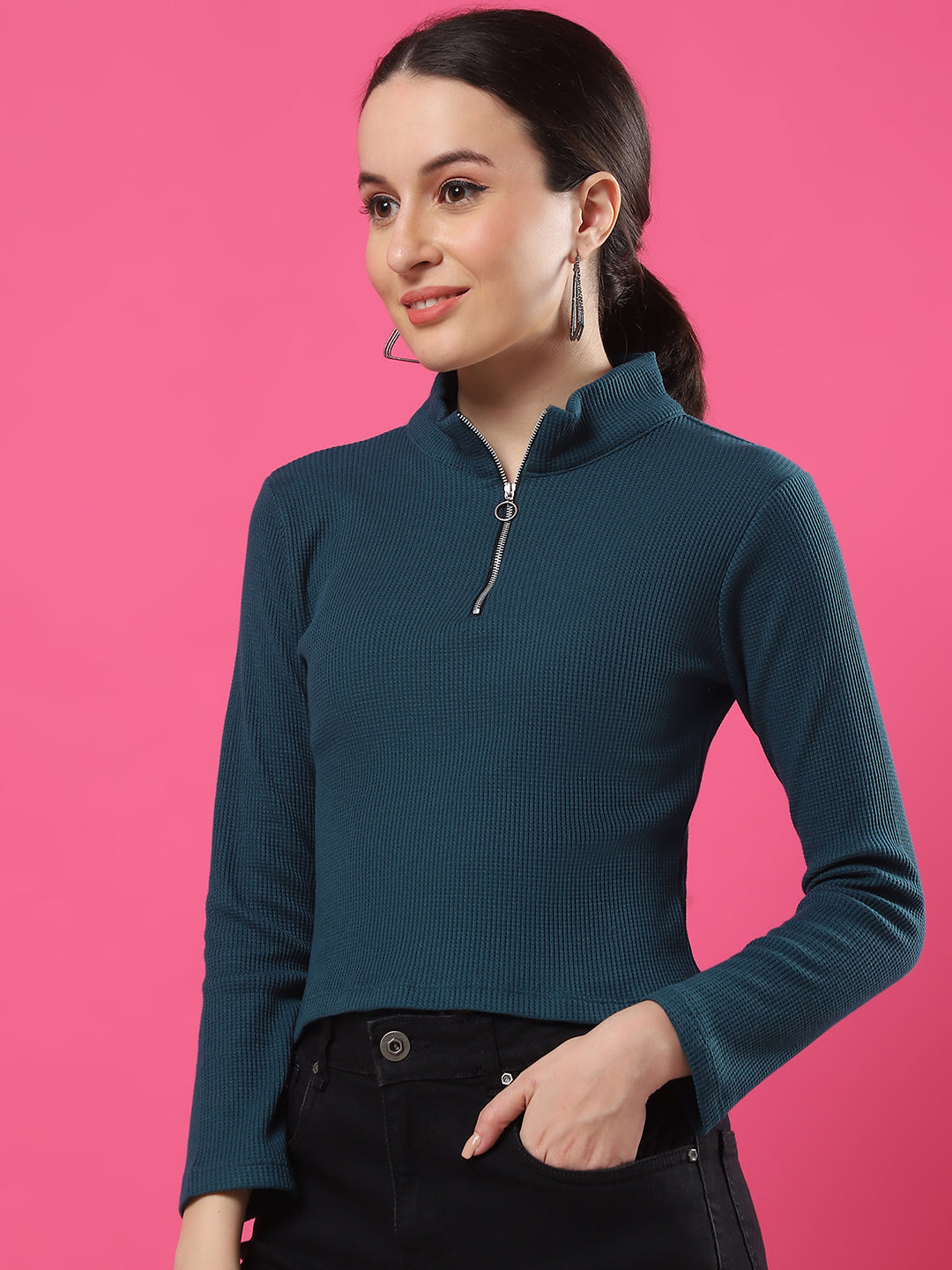 Women Textured Teal Green Zipper Mock Neck Crop Top