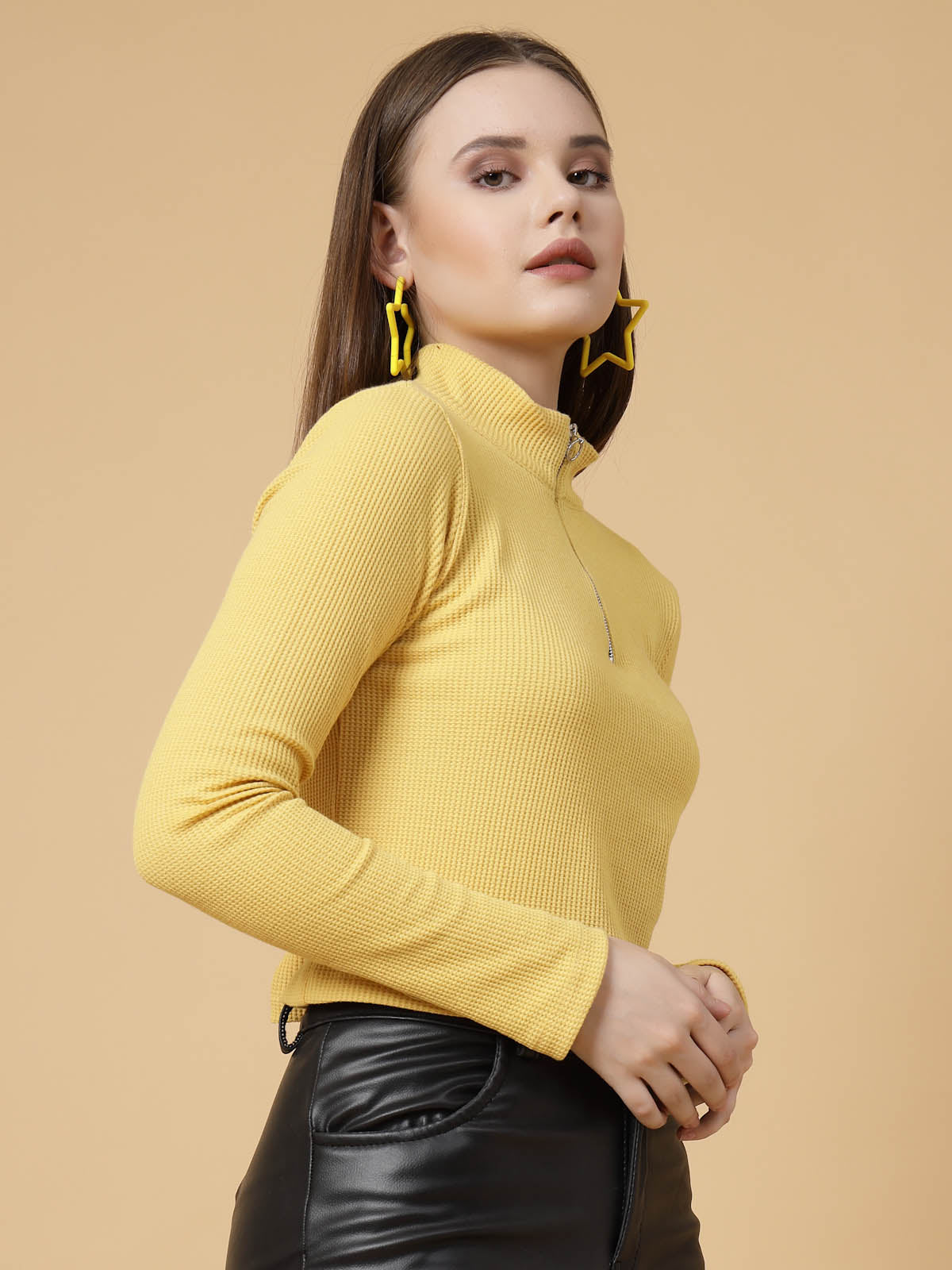 Women Textured Yellow Zipper Mock Neck Crop Top