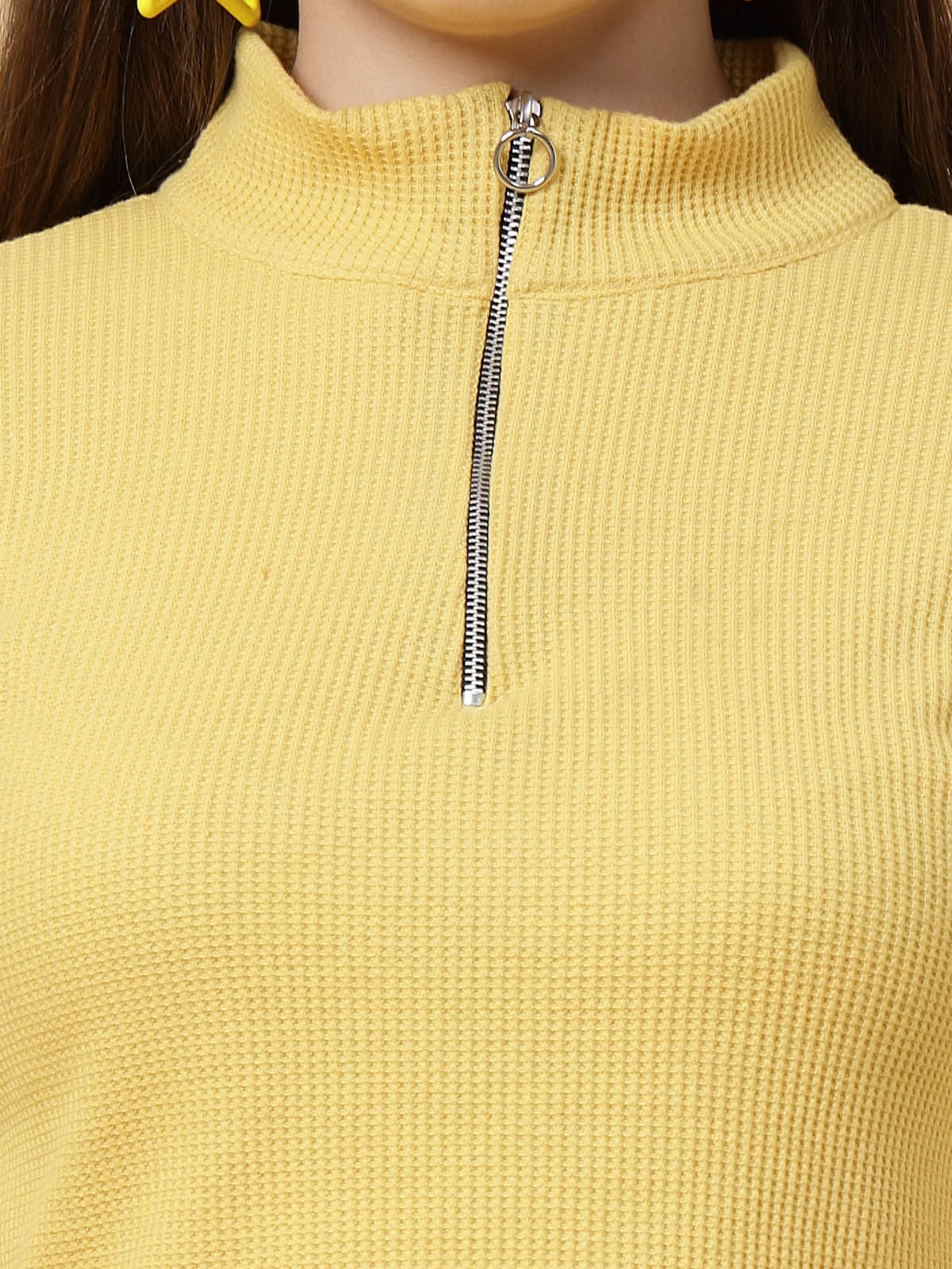 Women Textured Yellow Zipper Mock Neck Crop Top