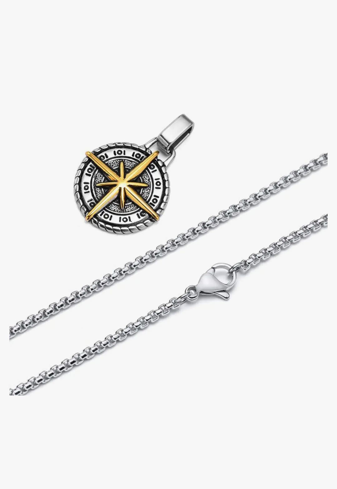 Silver Pleated Cross Compass Round Pendent With Chain Necklace For Men By Offmint