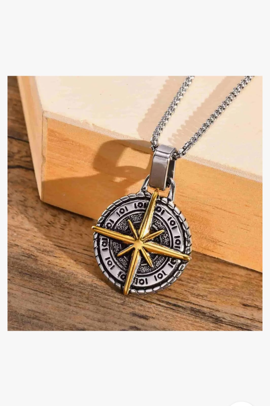 Silver Pleated Cross Compass Round Pendent With Chain Necklace For Men By Offmint