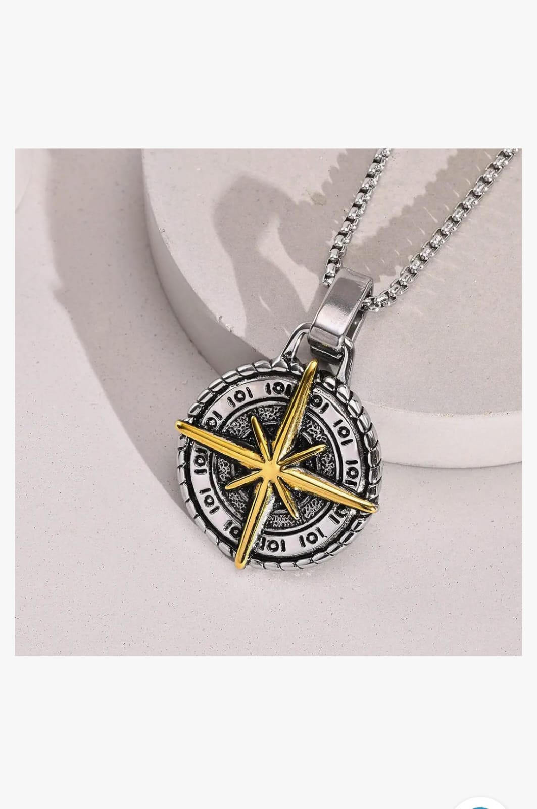 Silver Pleated Cross Compass Round Pendent With Chain Necklace For Men By Offmint