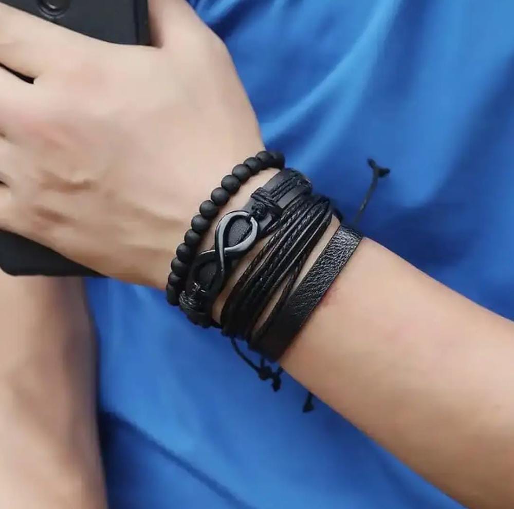 Men Obsidian Black Leather layered Bracelet By Offmint