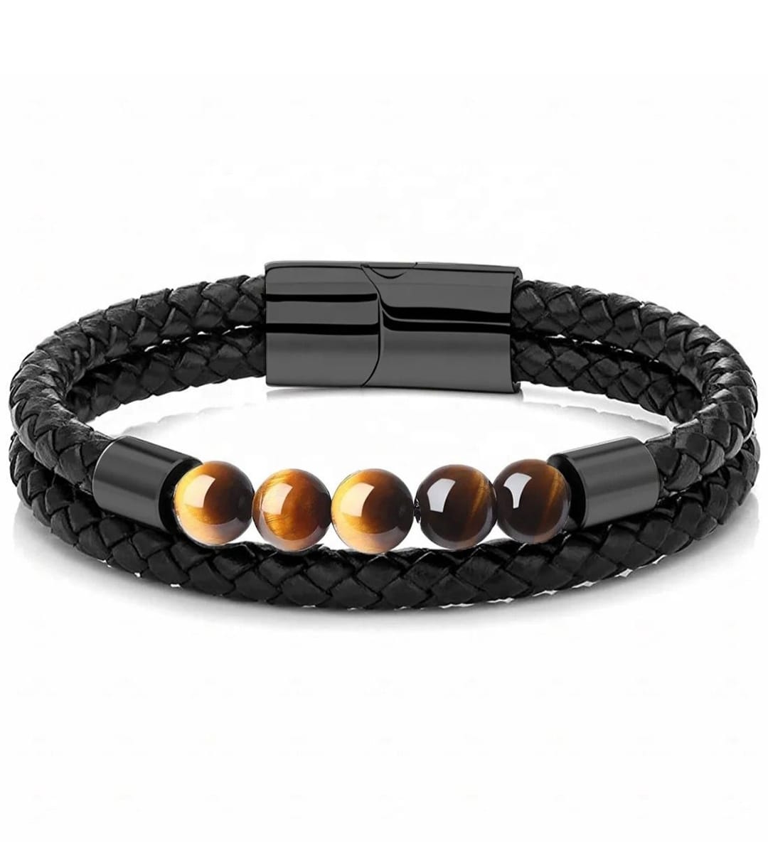 Tiger Eye Beads Two Layer Leather Bracelet For Men By Offmit