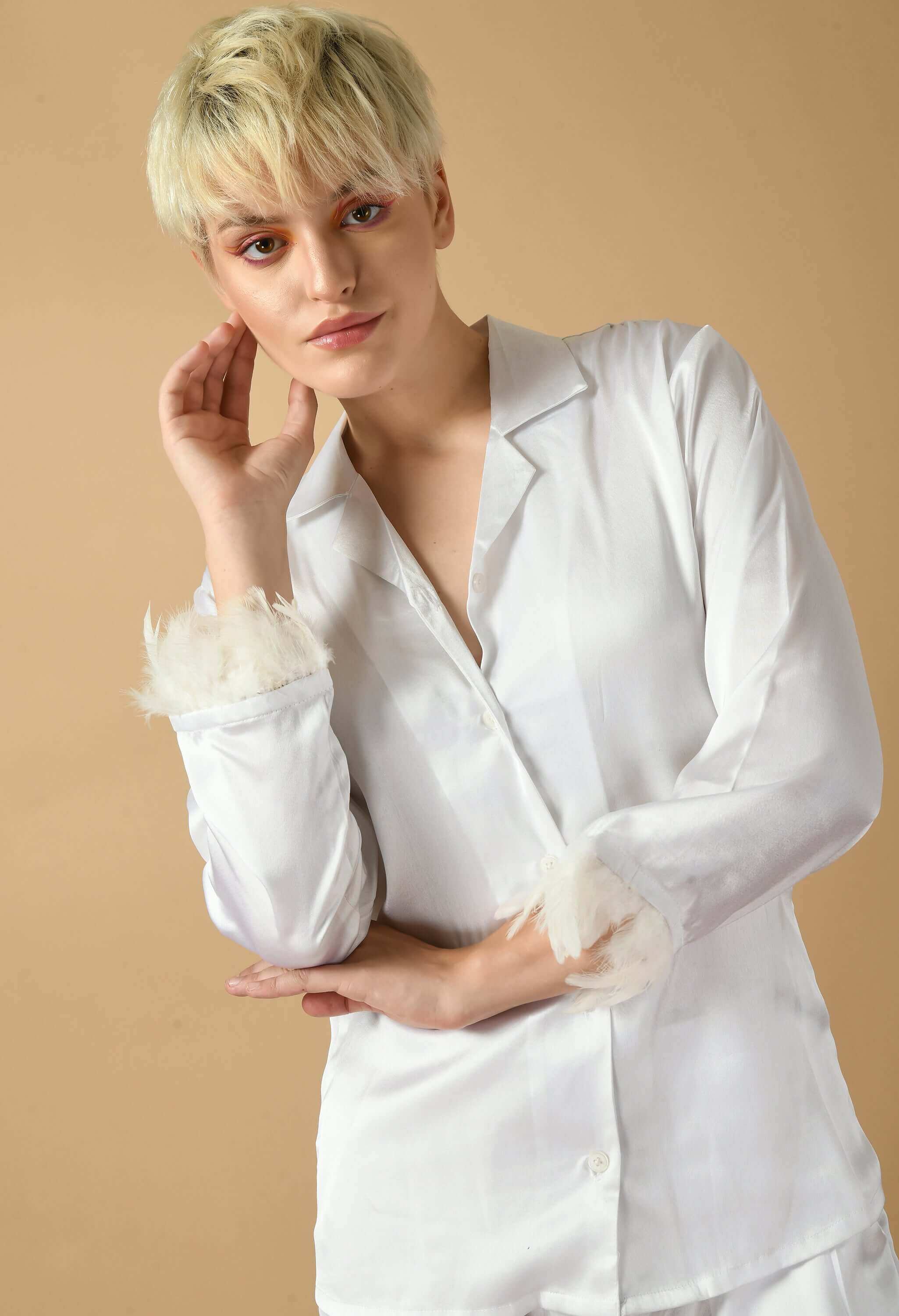 White color satin feaher women's co-ord set