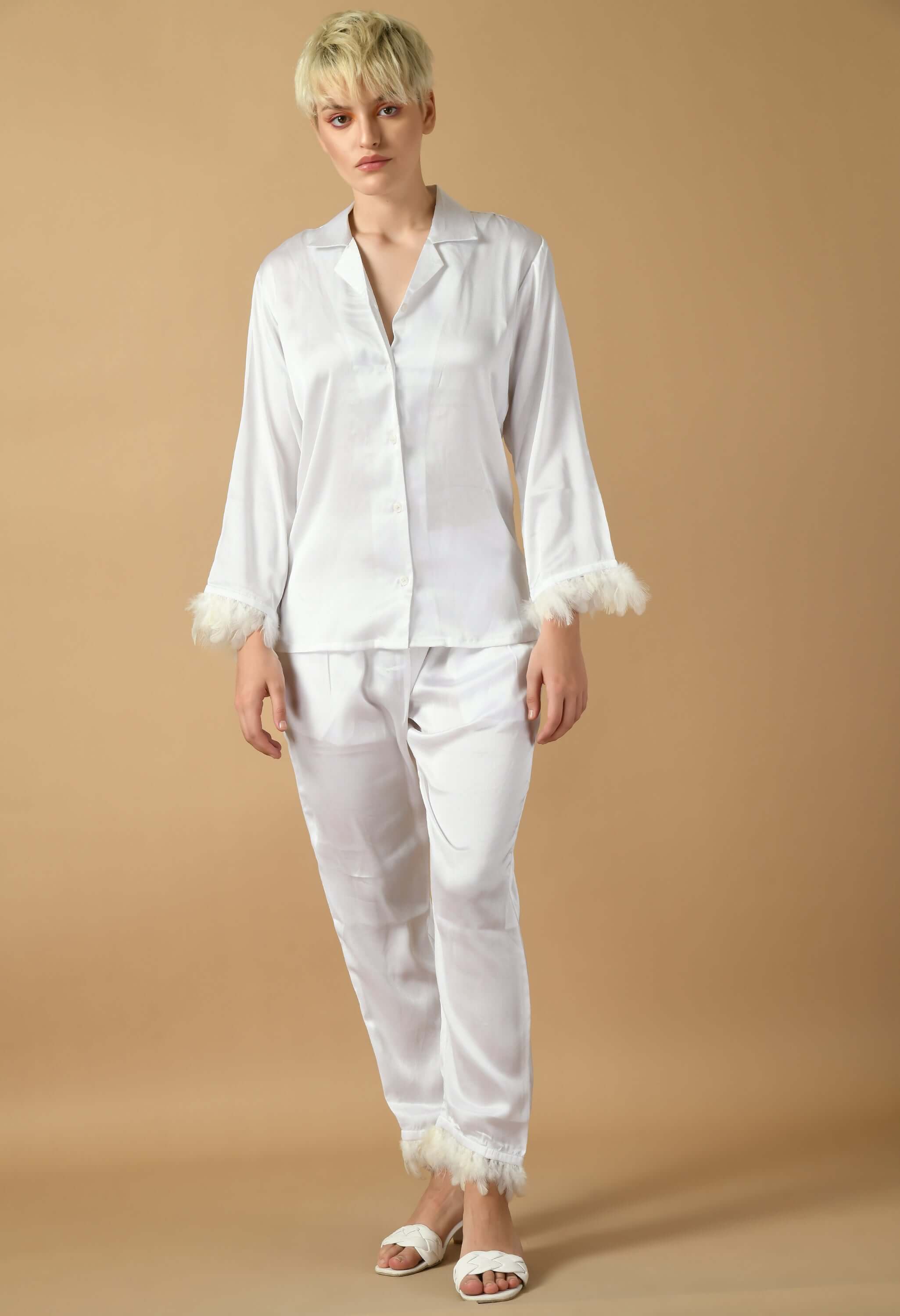 White color satin feaher women's co-ord set by offmint