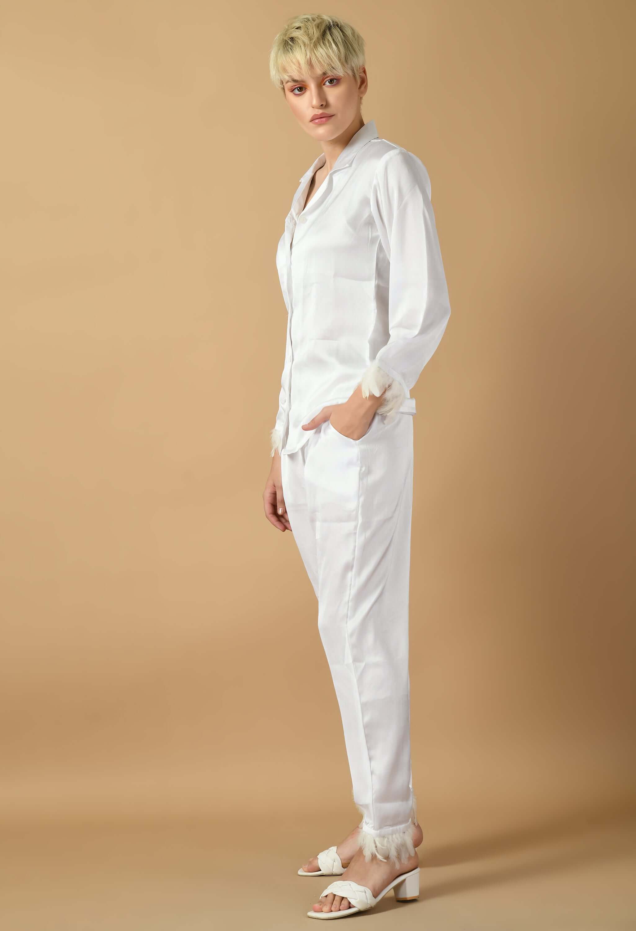White satin feaher co-ord set