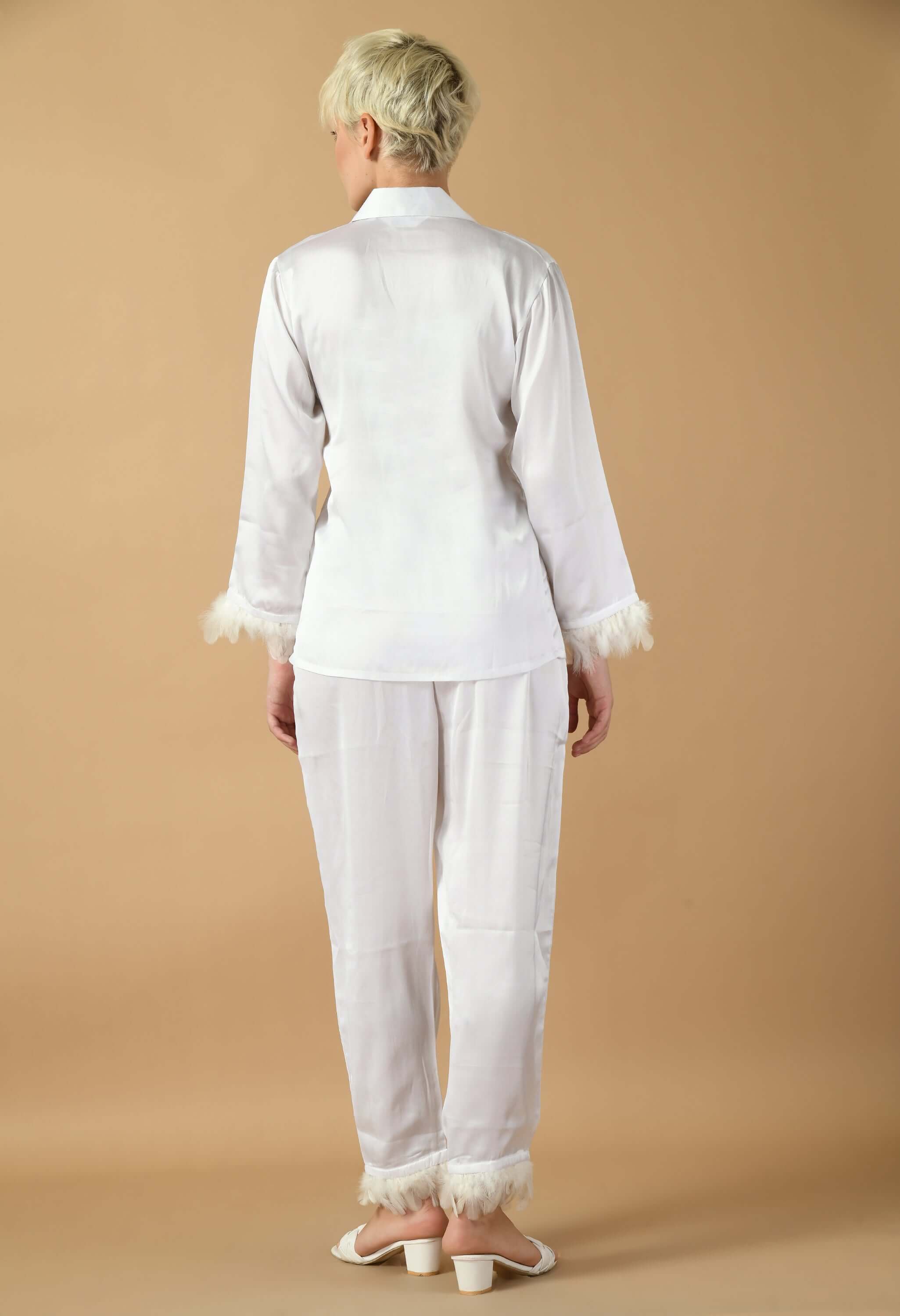 White satin feaher women's co-ord set