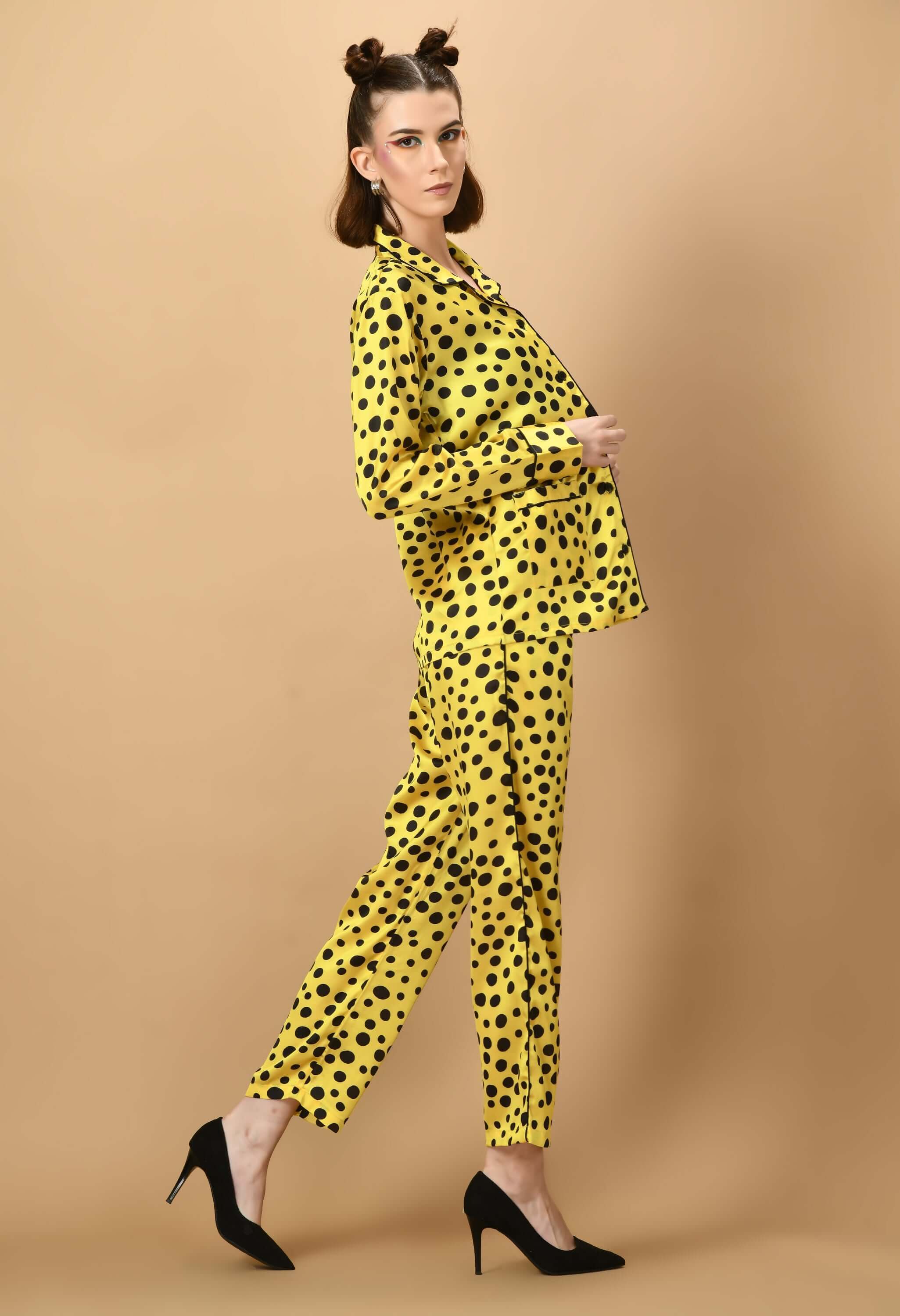Yellow color black polka dot co-ord set