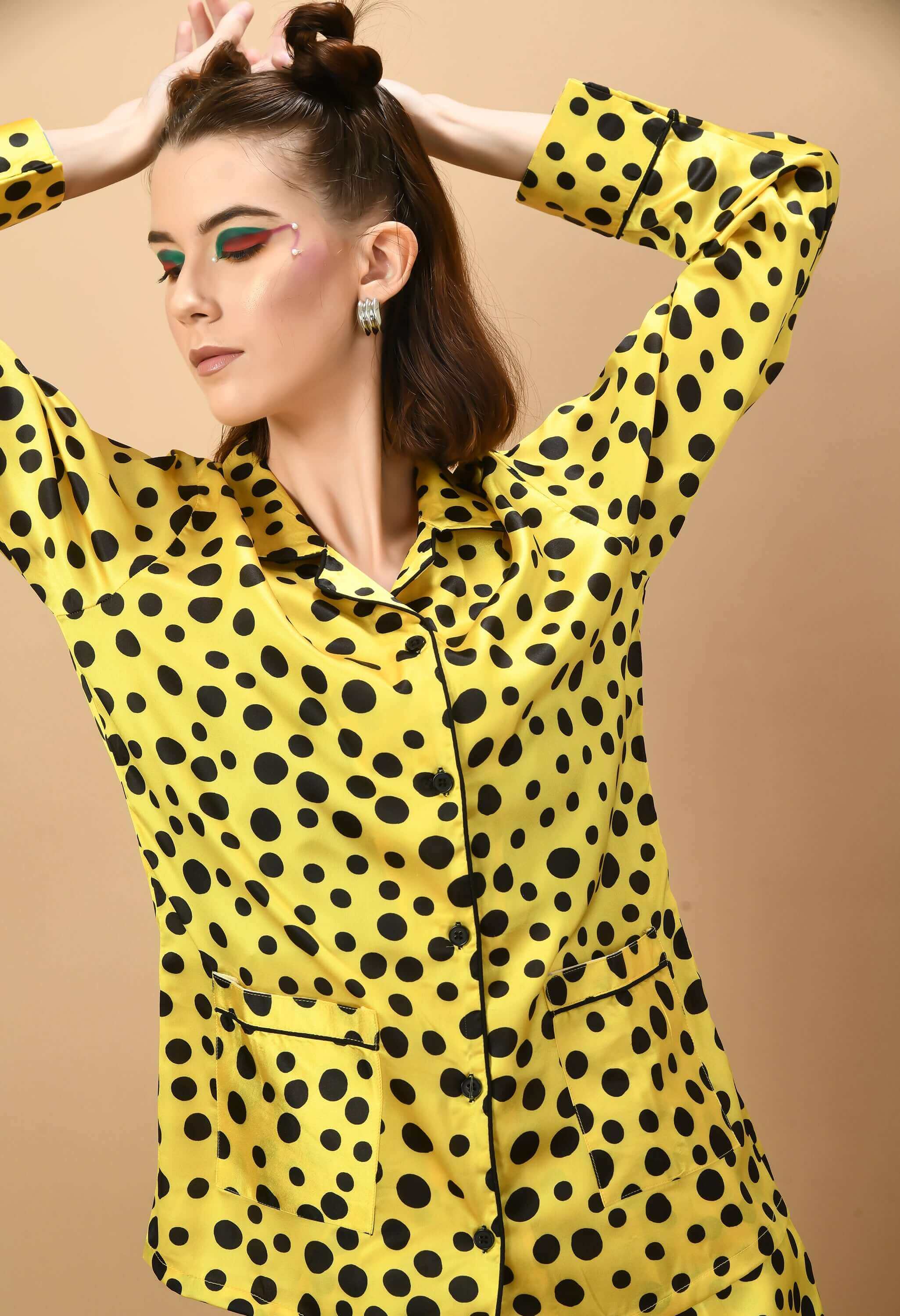 Yellow color black polka dot women's co-ord set