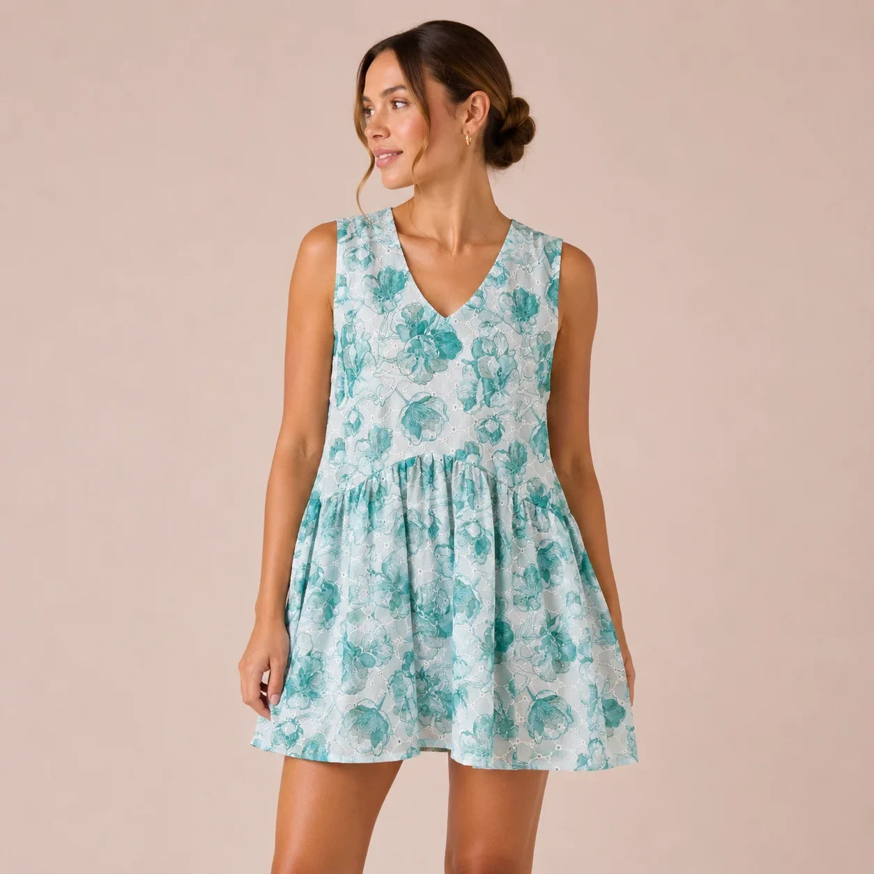 Mint Floral Sleeveless Babydoll Dress
