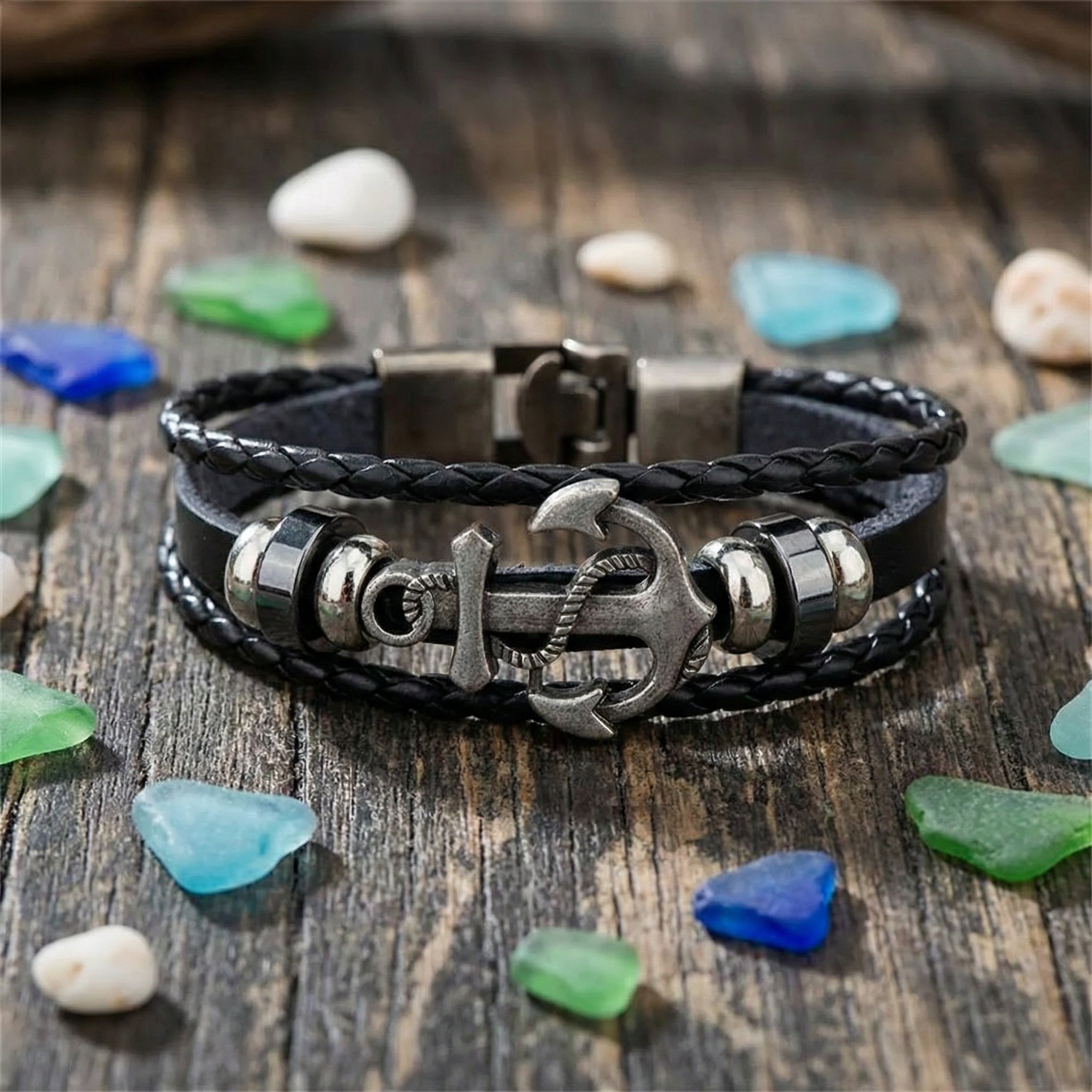 Bangle Cuff Black Multi Strands Leather Wrap Adjustable Bracelet for Men BY OFFMINT