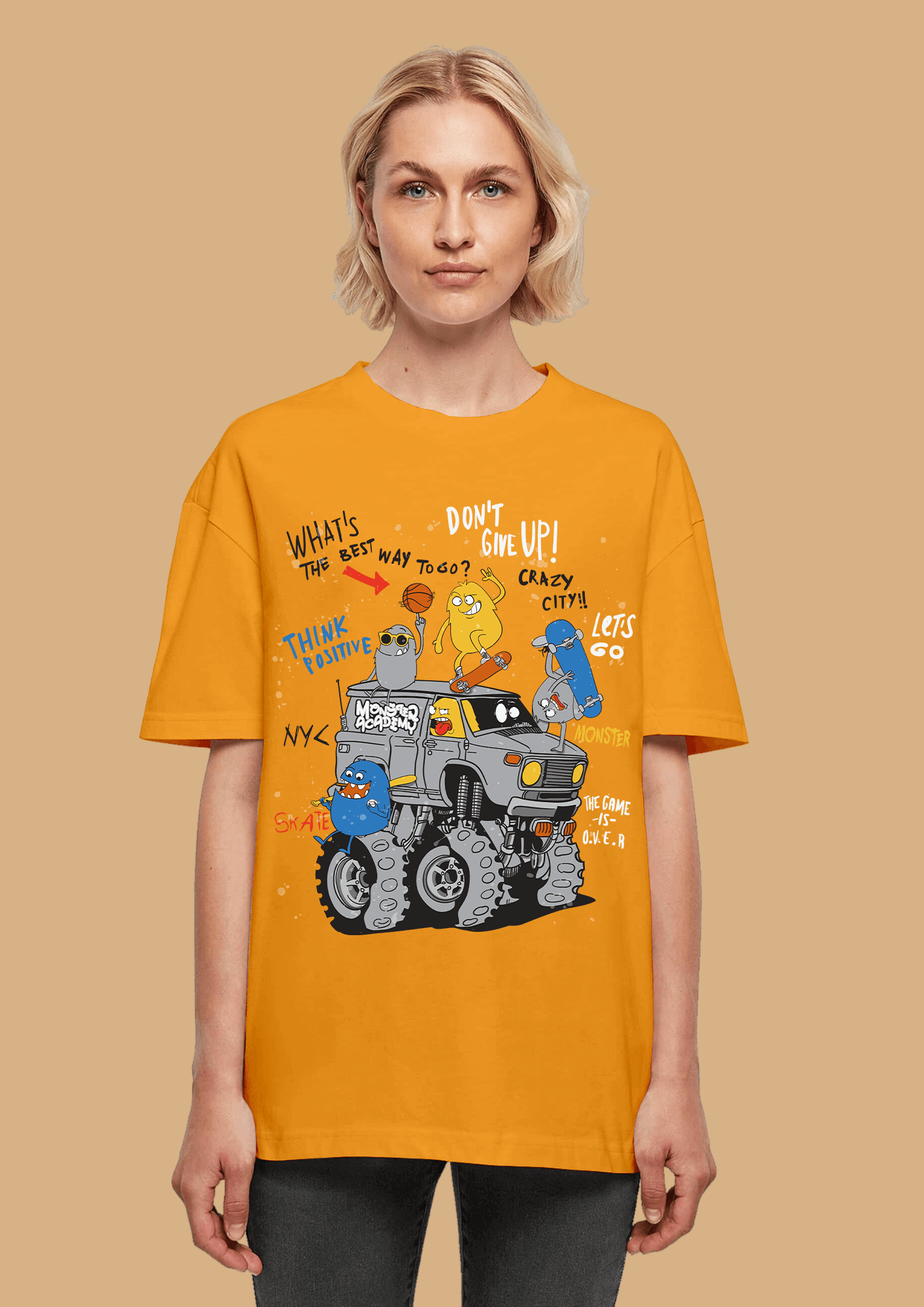 Don't Give Up Printed Mustard Oversized T-shirt By Offmint