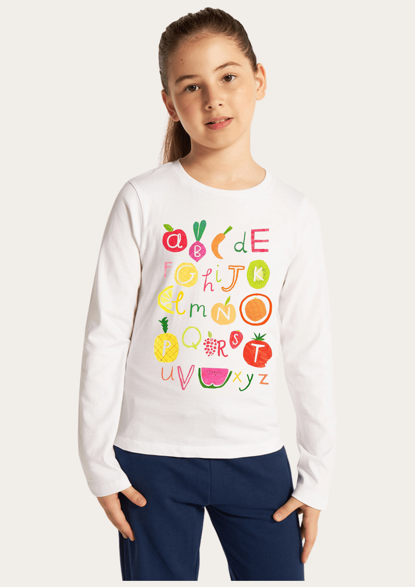 Fruits And Vegetables Printed White Full Sleeves Kids T-shirt By Offmint