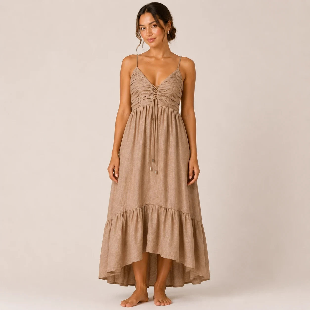 Beige Ruched Tiered Midi Dress