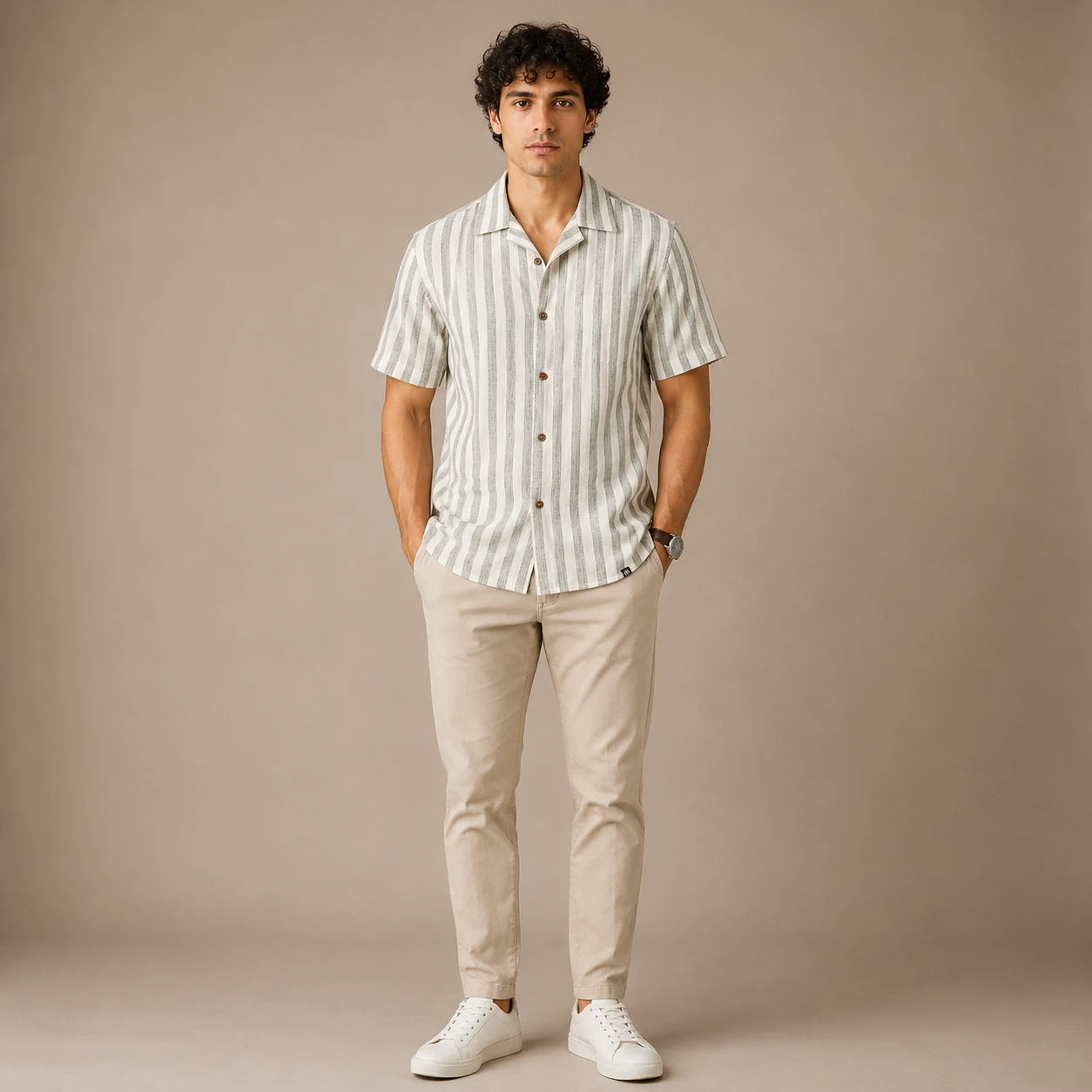 Rigo Mens Sage Grey Stripe Half Sleeve Cuban Collar Shirt
