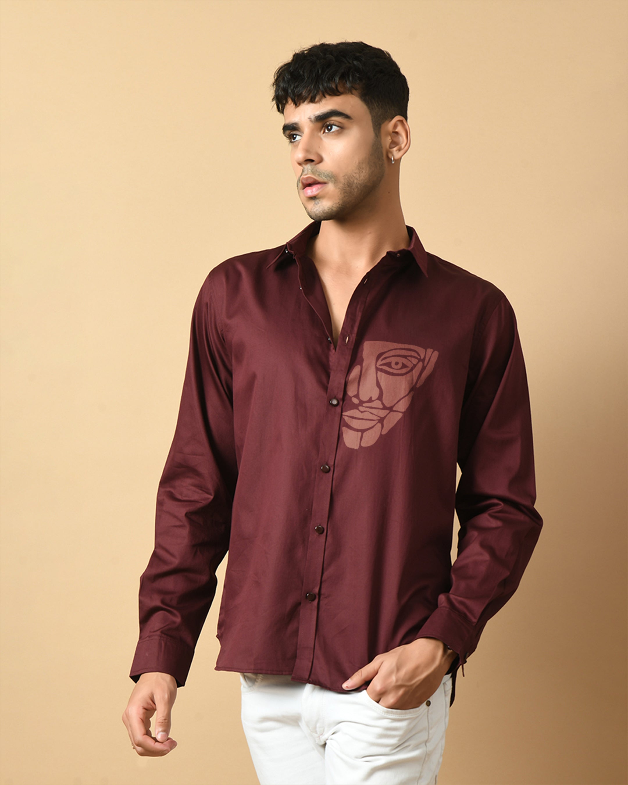 Mosaic Face Printed Maroon ClubWear Shirt By Offmint