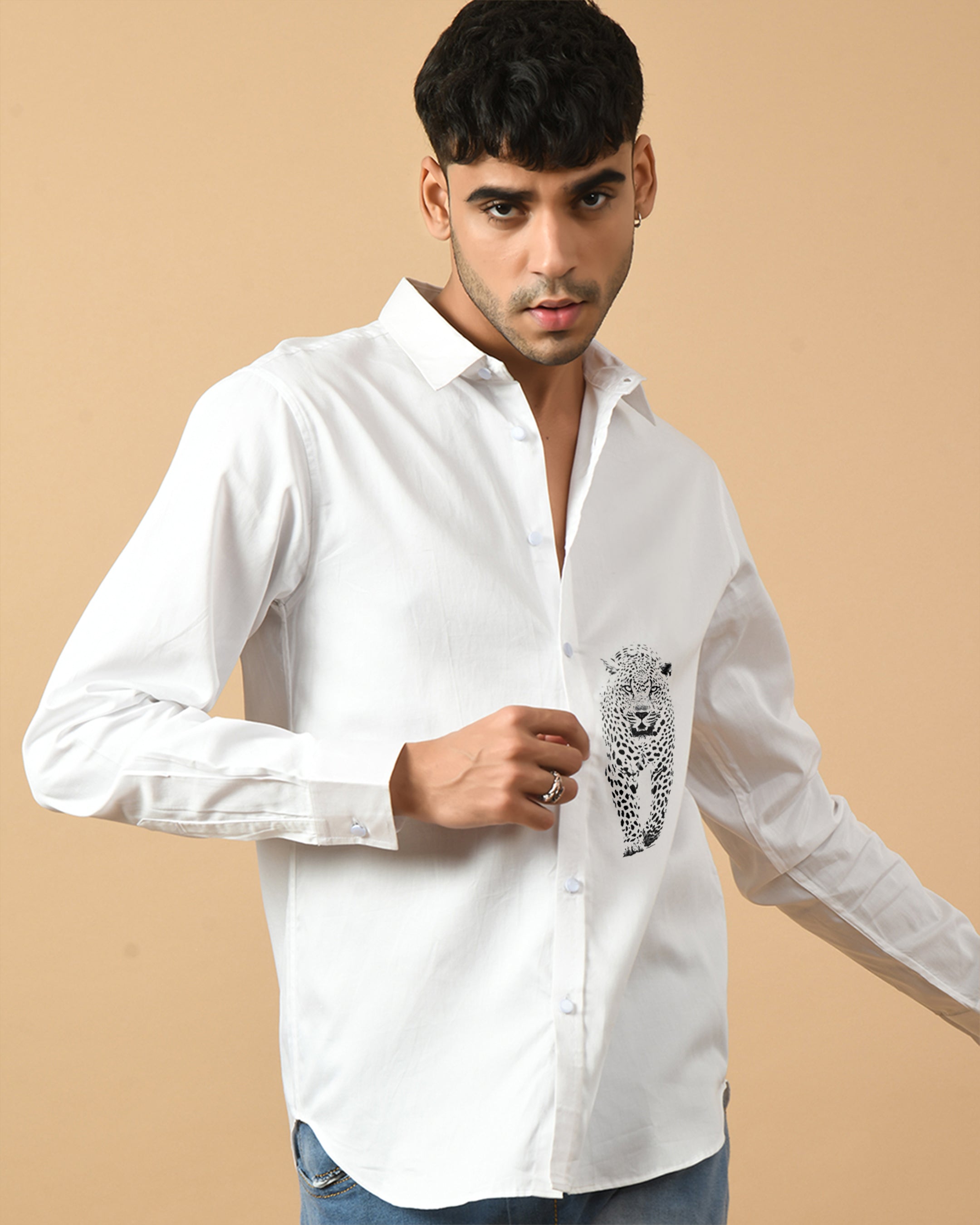 Leopard Printed White ClubWear Shirt By Offmint