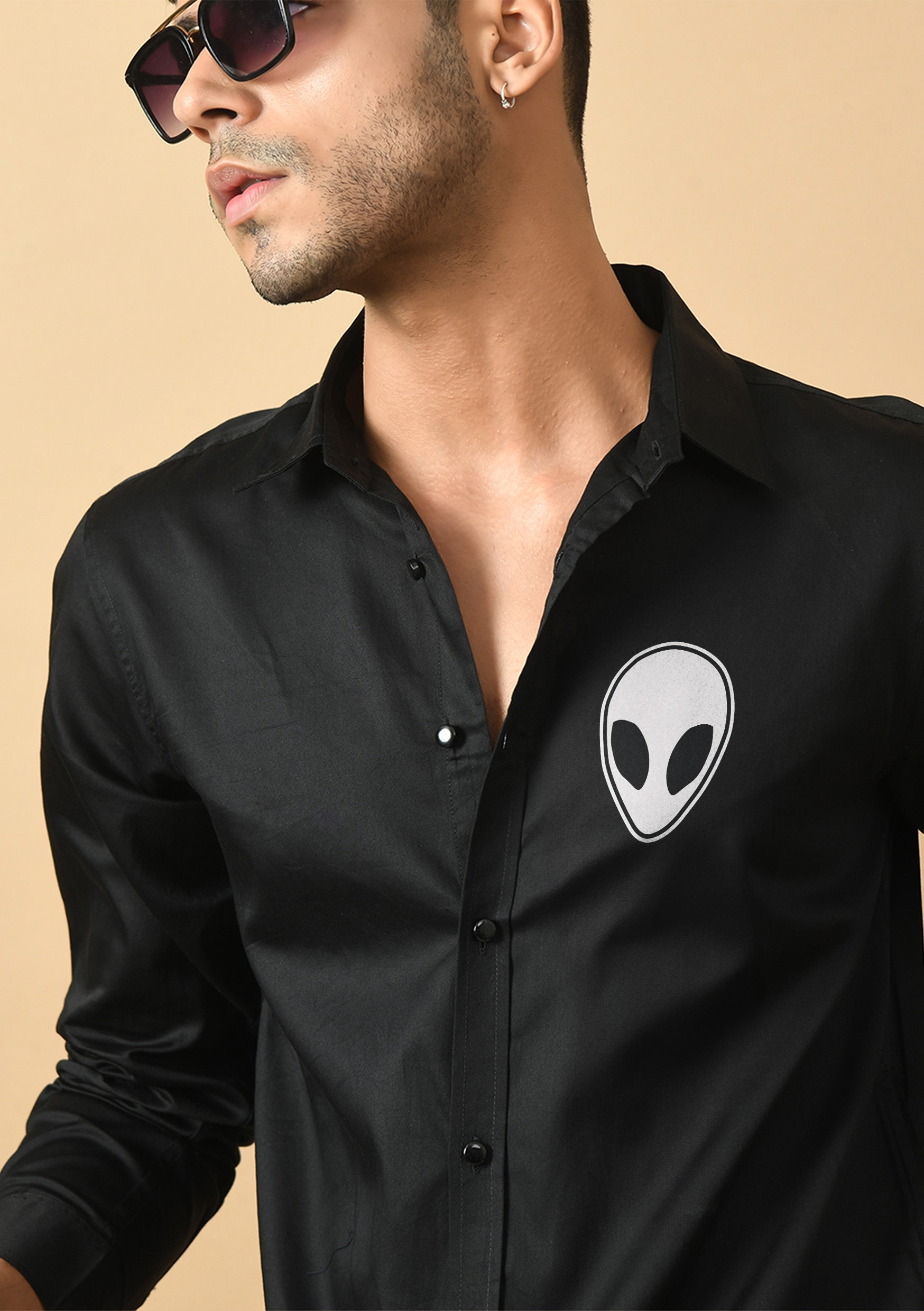 Alien Printed Black ClubWear Shirt By Offmint