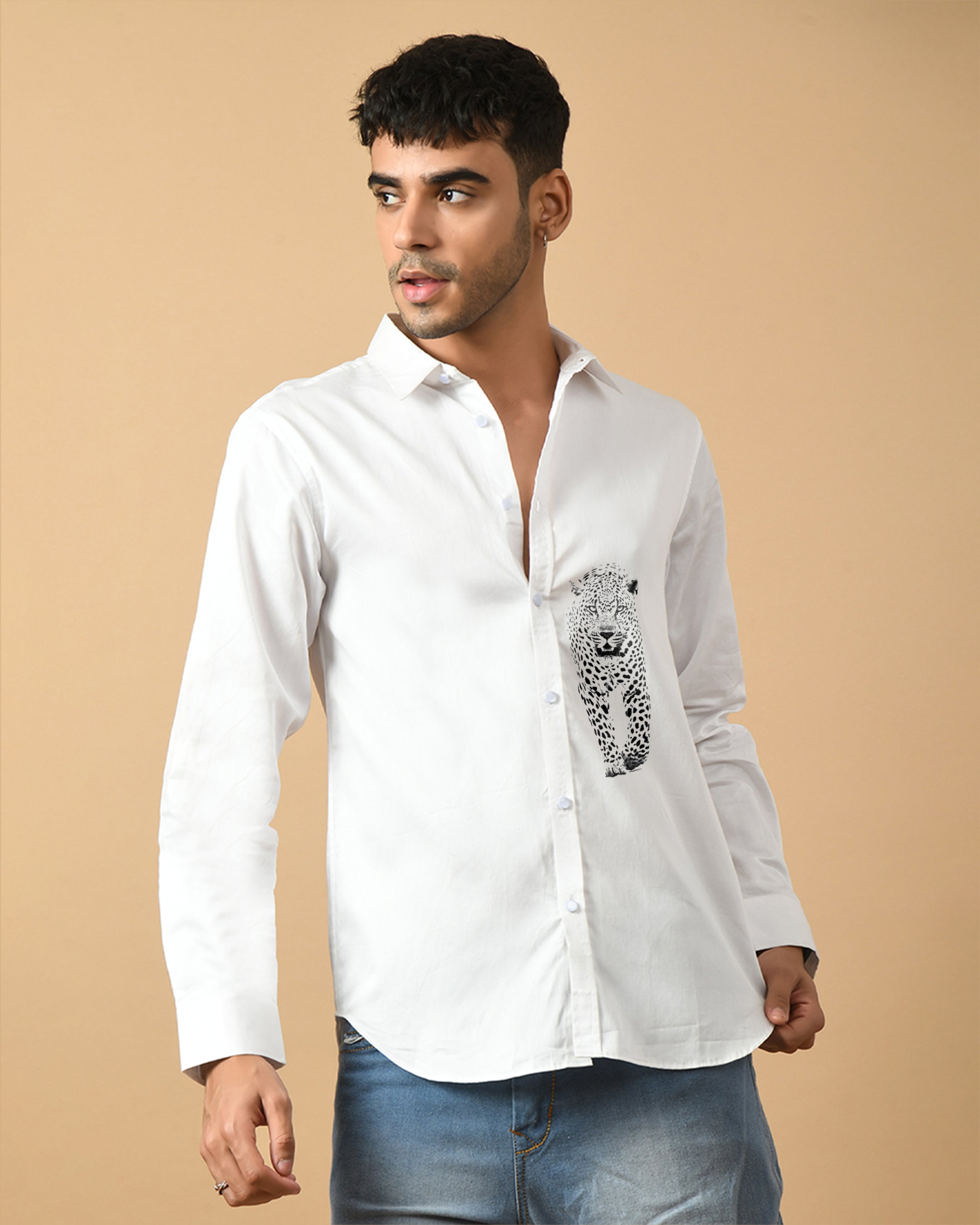 Leopard Printed White ClubWear Shirt By Offmint