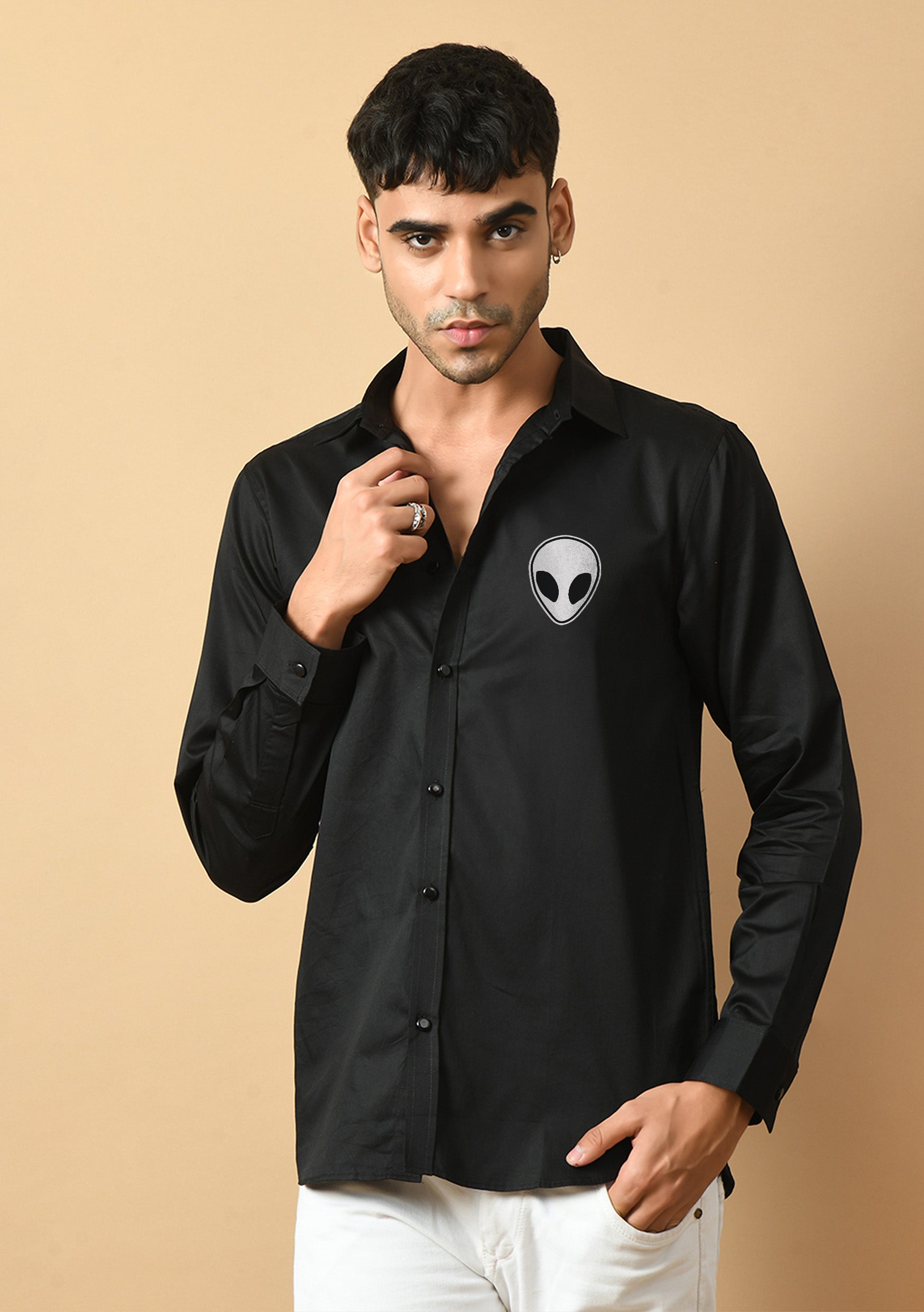 Alien Printed Black ClubWear Shirt By Offmint
