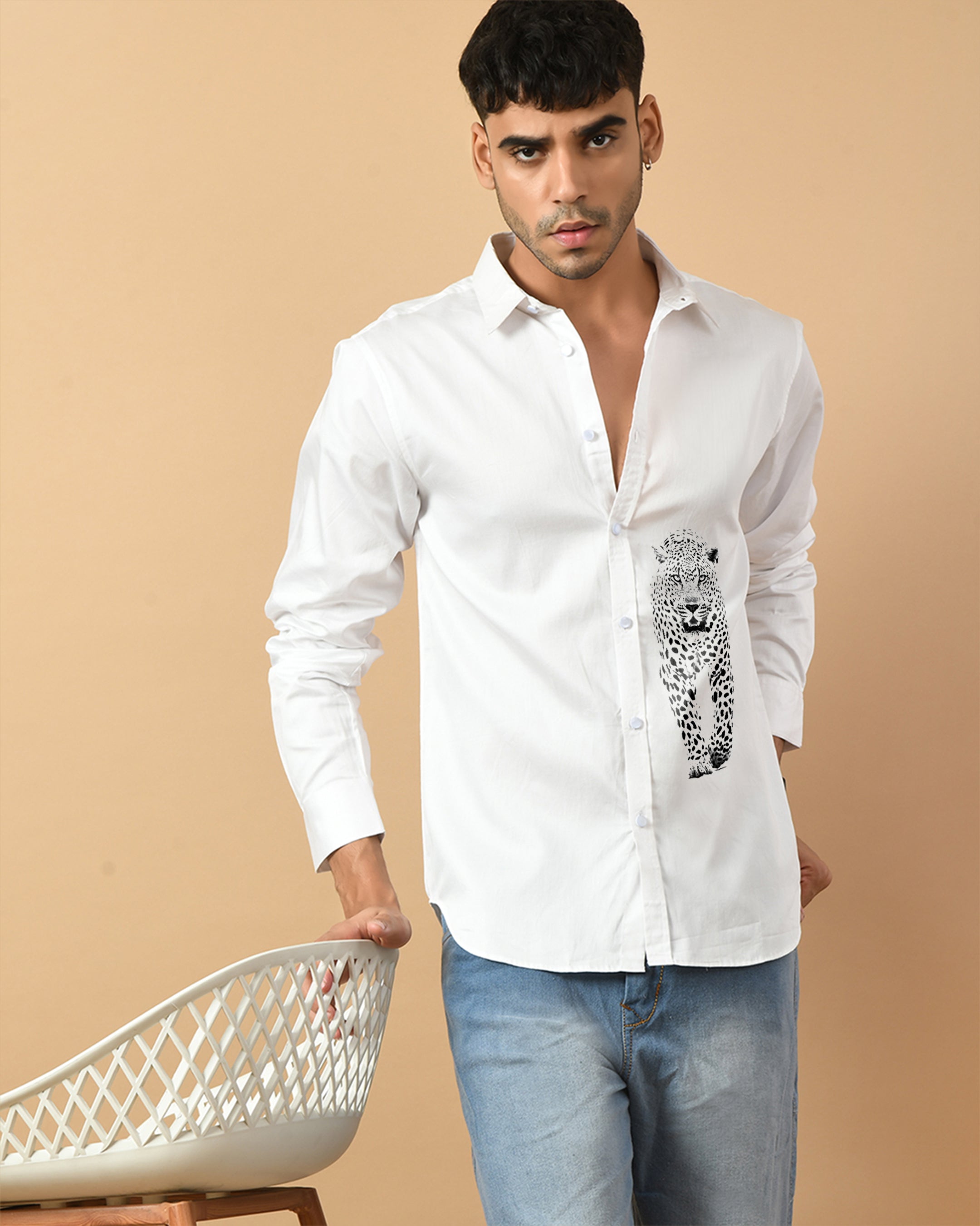 Leopard Printed White ClubWear Shirt By Offmint