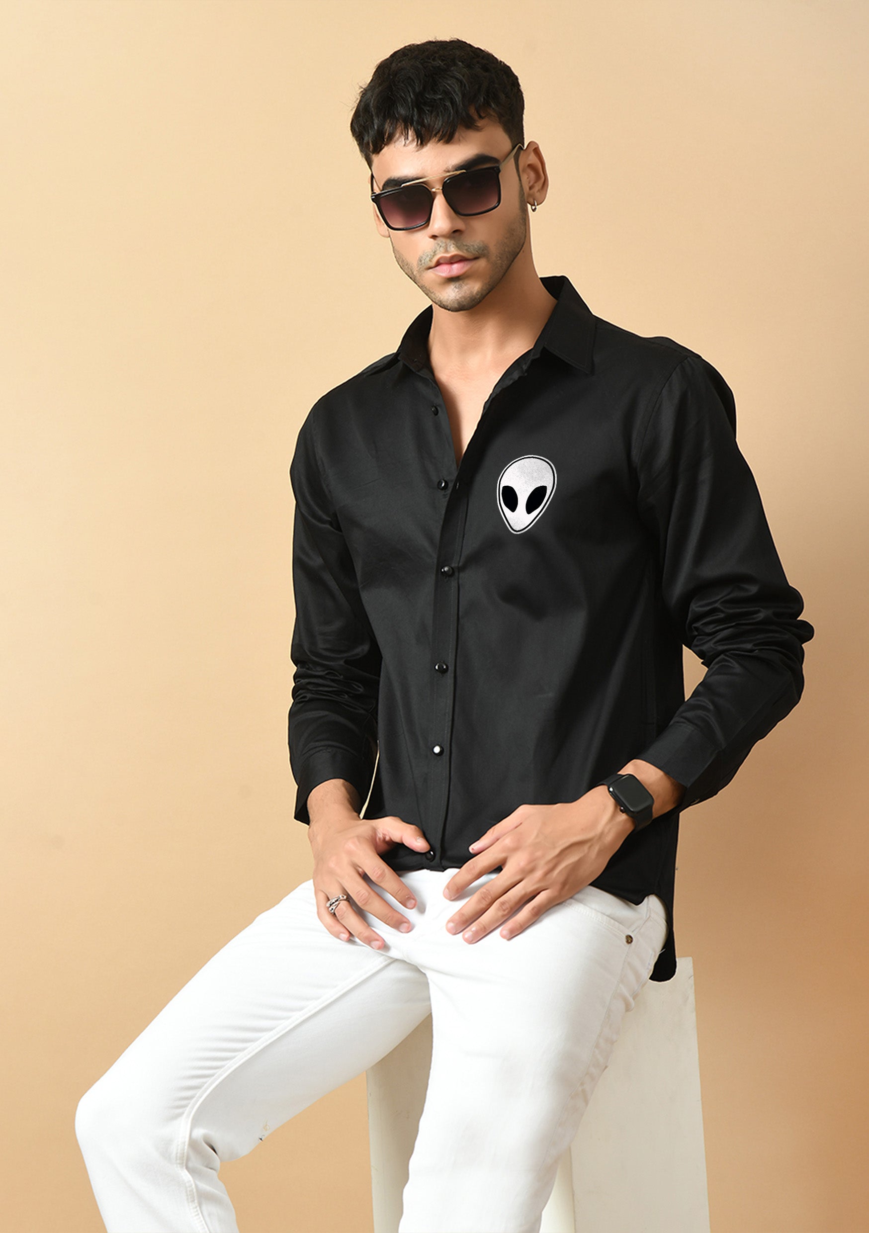 Alien Printed Black ClubWear Shirt By Offmint