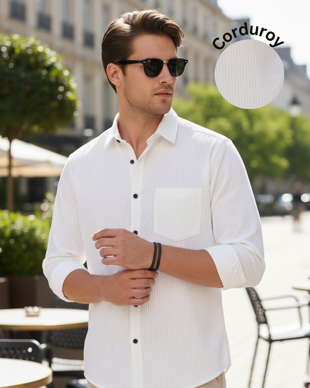 Men White Corduroy Cut Away Collar Casual Shirt