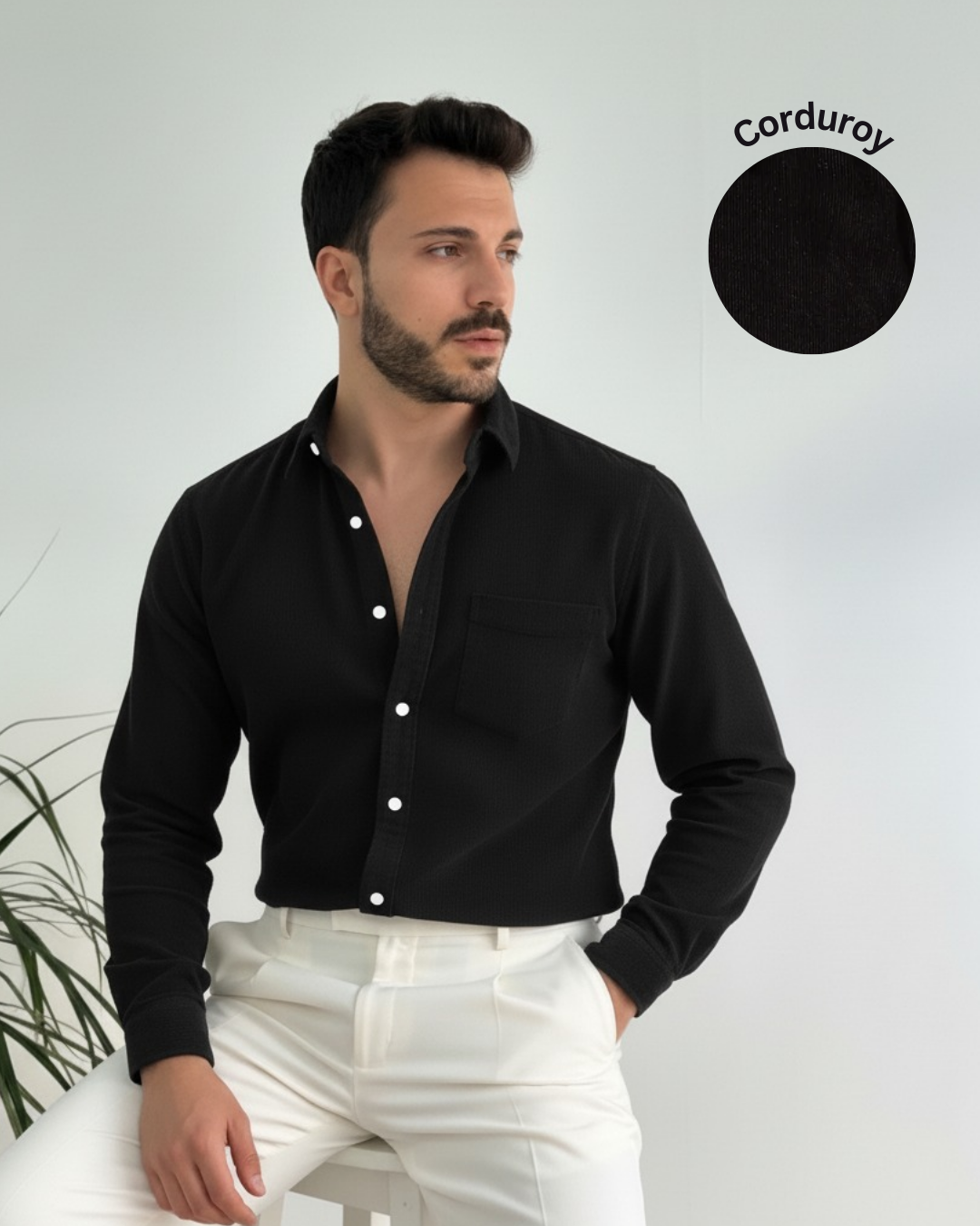 Men Black Corduroy Cut Away Collar Casual Shirt