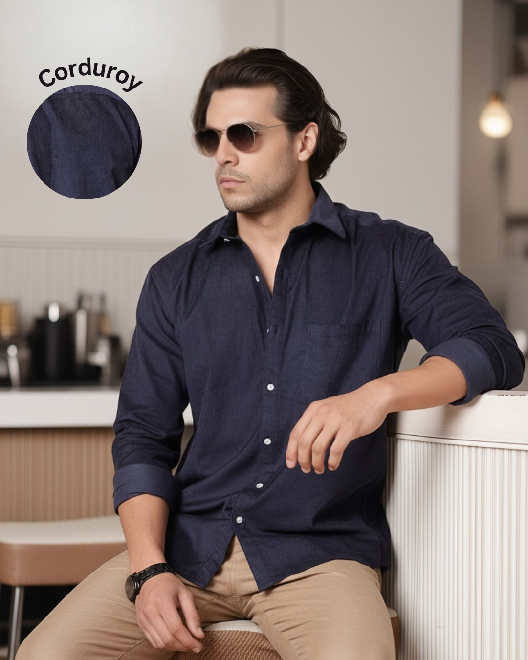 Men Blue Corduroy Cut Away Collar Casual Shirt