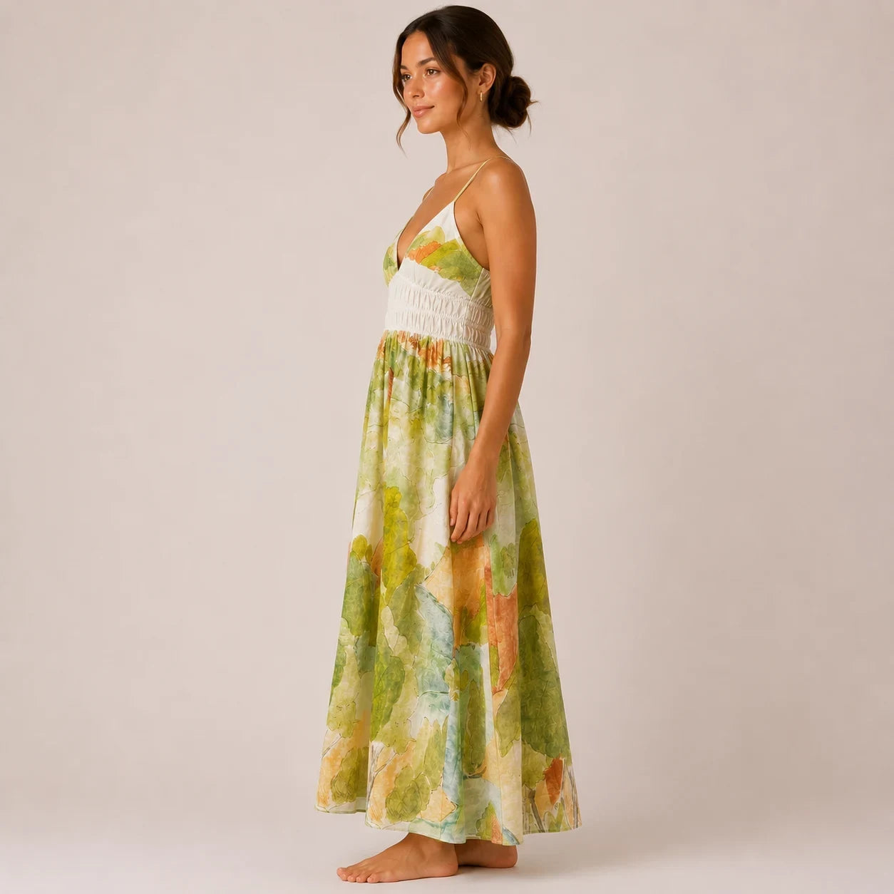 Green Watercolor Printed Maxi Dress