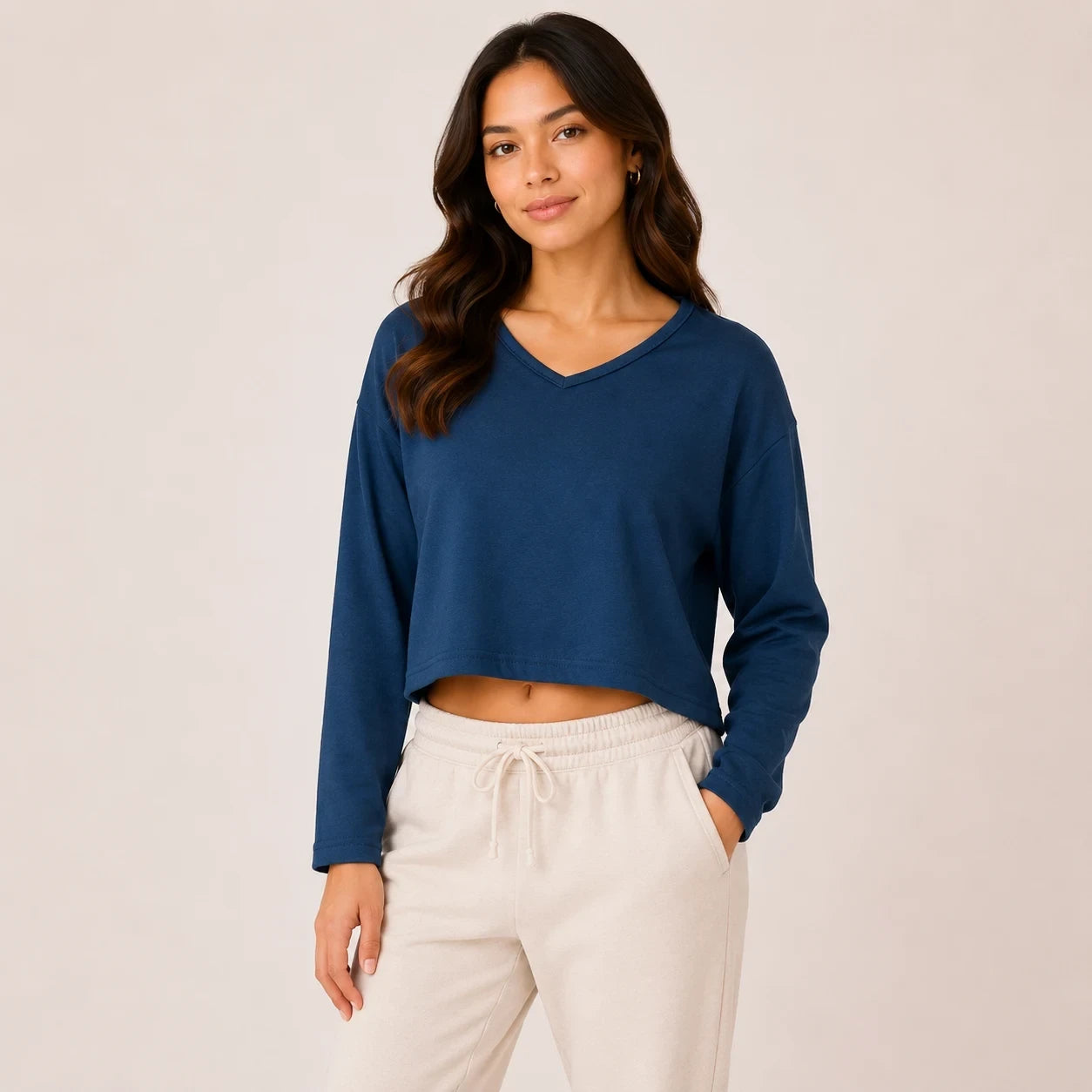 Navy Blue Full Sleeve Crop Top